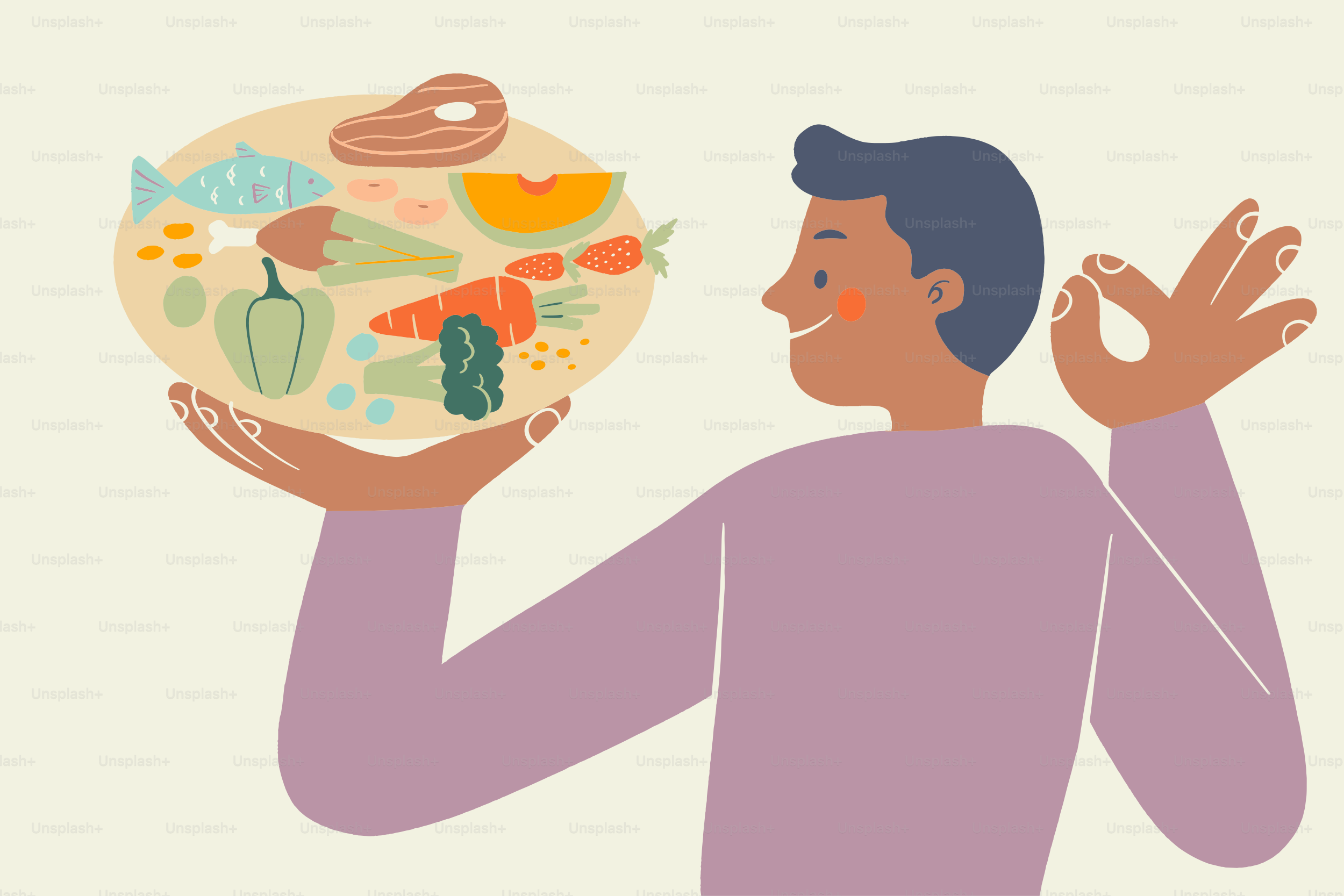 Homem segura um prato de comida saudável, mostrando um gesto de ok.