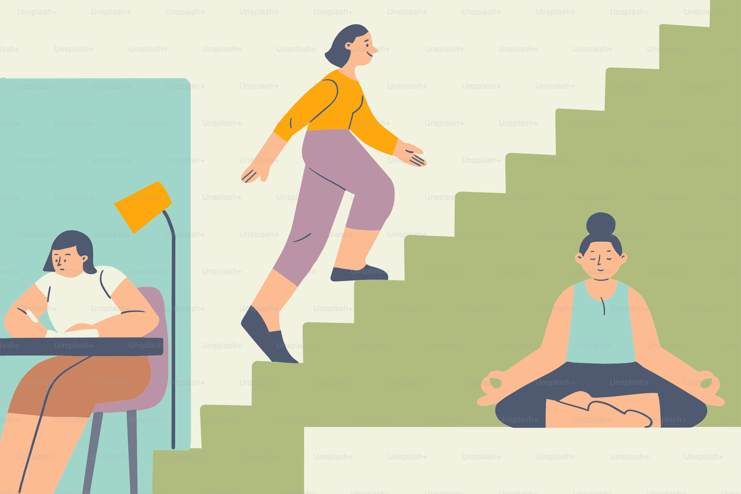 Mulheres trabalhando, subindo escadas e meditando.