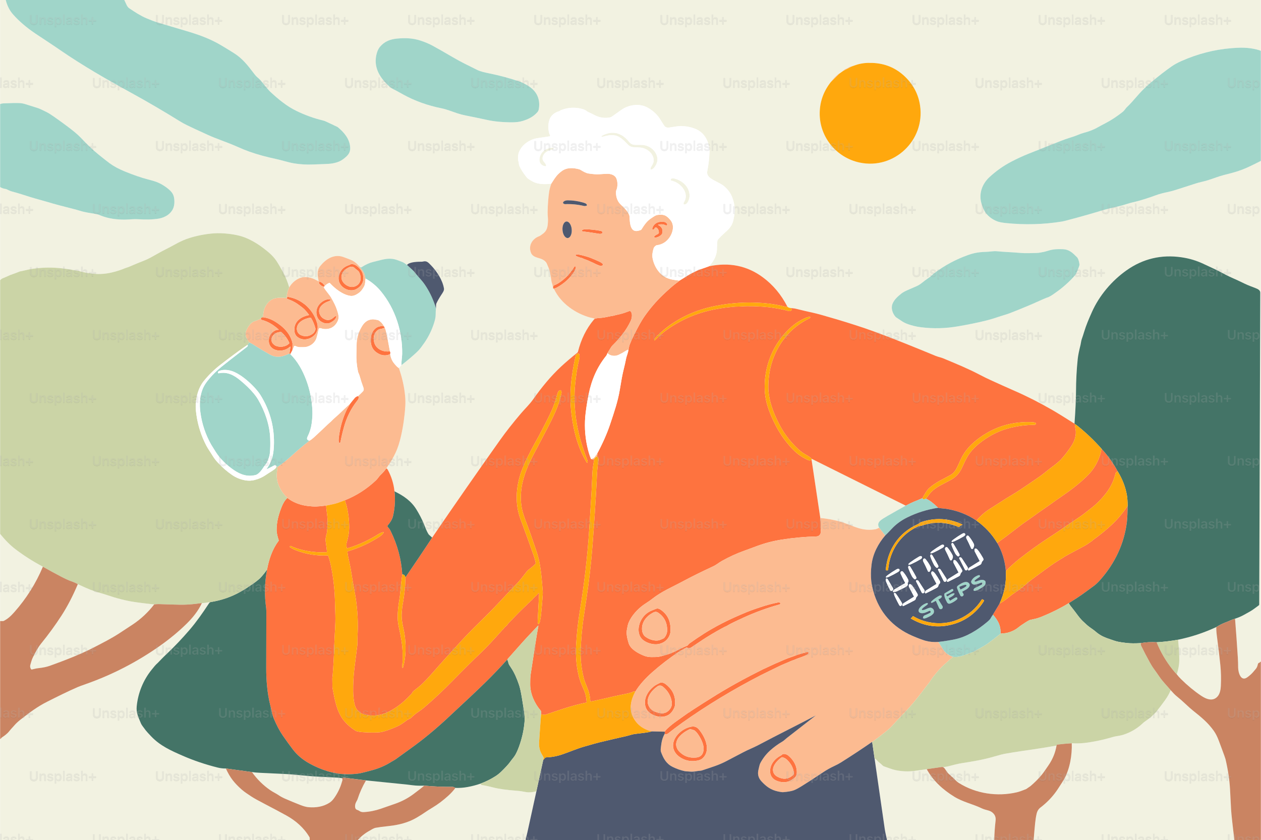 Mulher idosa com garrafa de água e smartwatch mostrando 8000 passos.