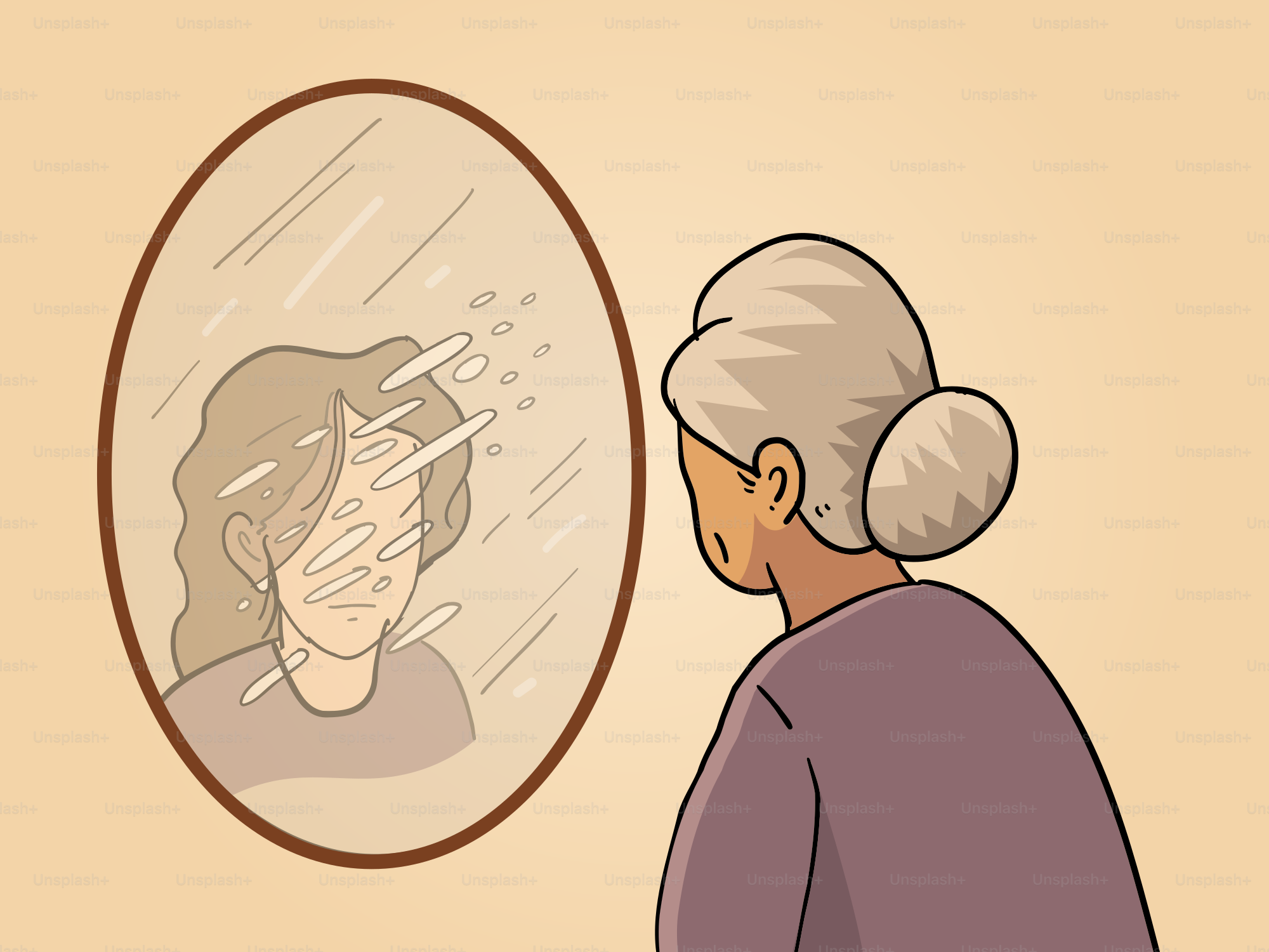 Mulher mais velha vê a versão mais jovem com lágrimas no espelho.