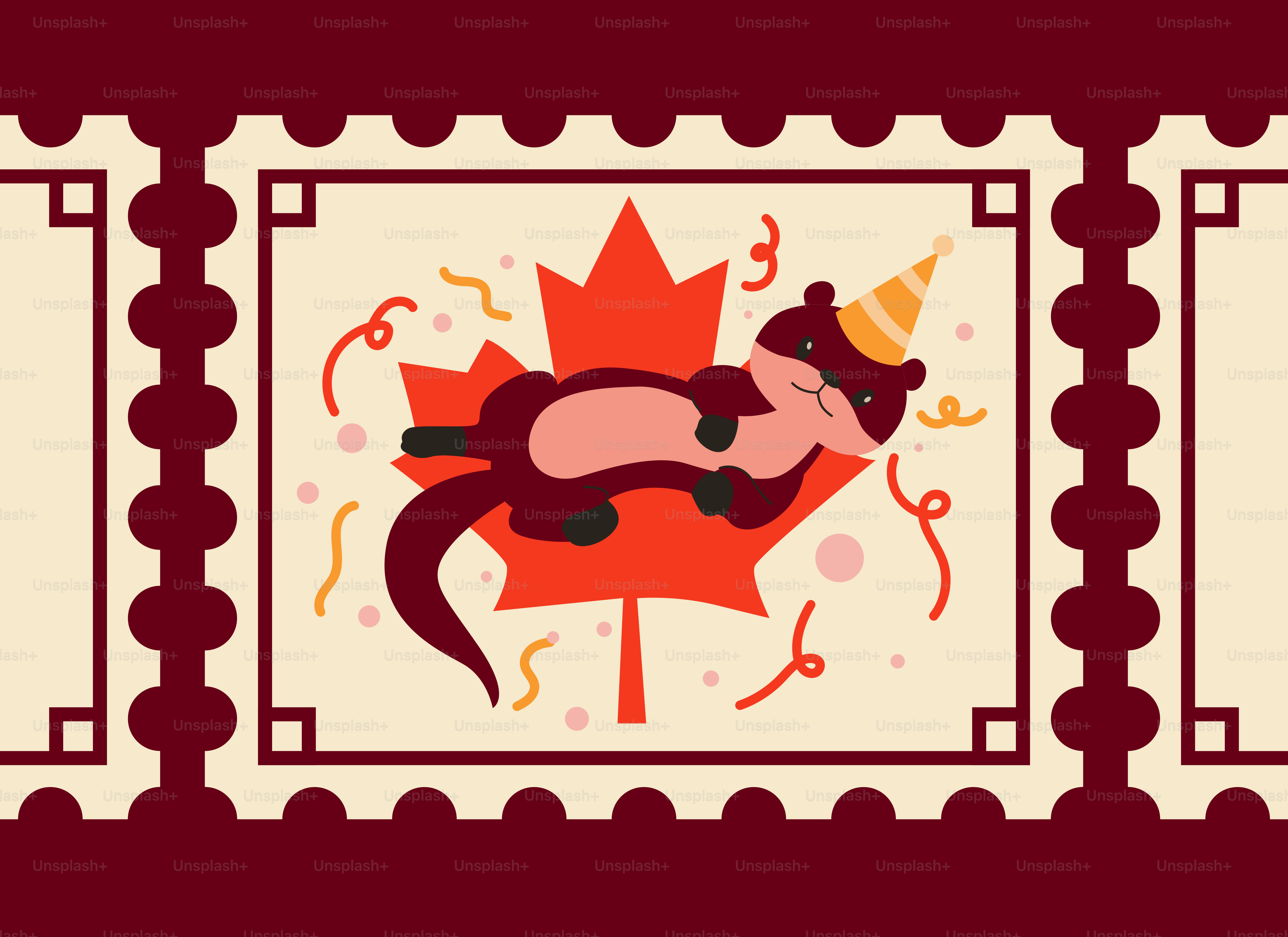 Lontra da festa su un francobollo di foglia d'acero canadese.