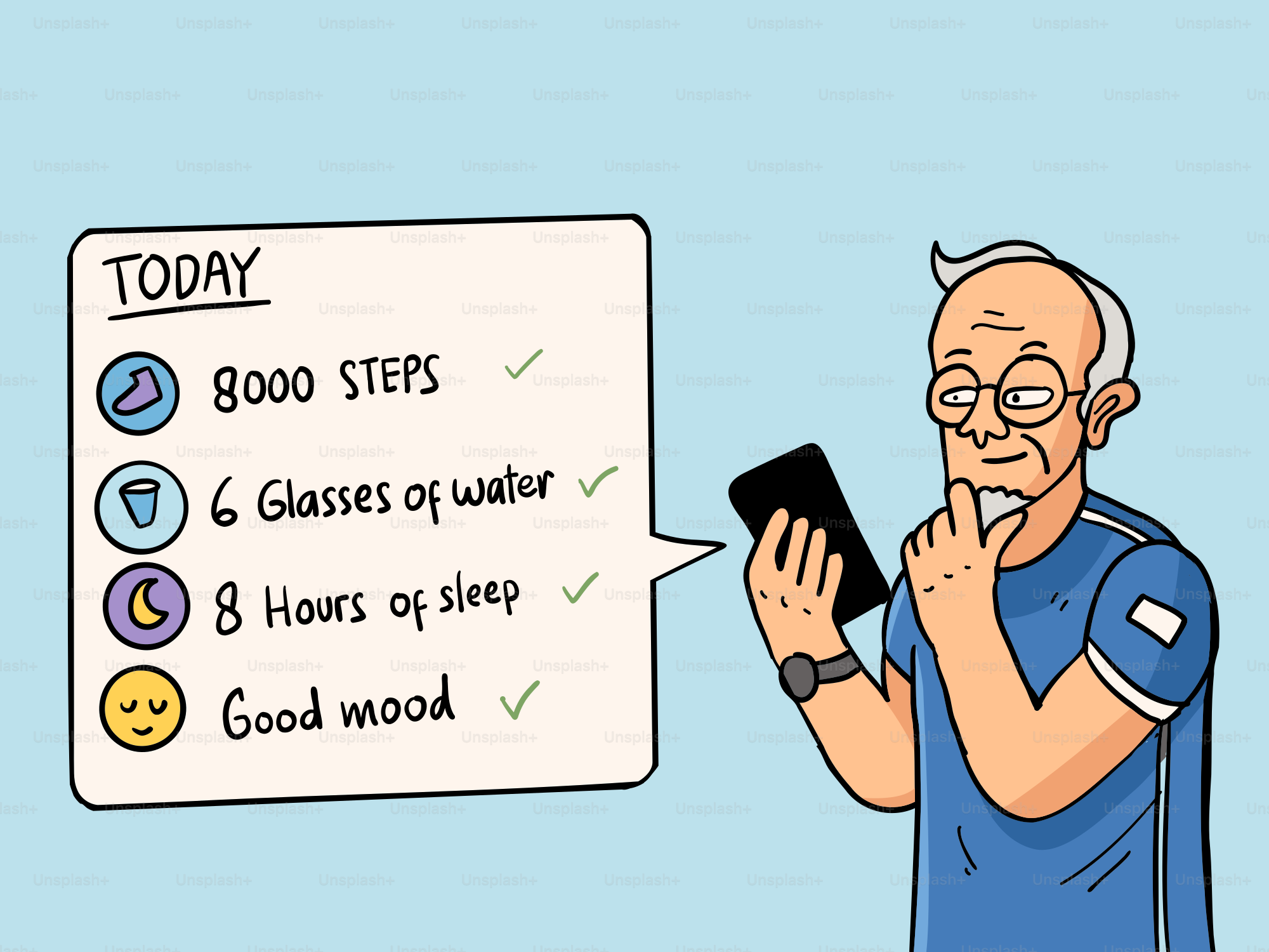 Um homem sênior revisando a lista diária de verificação de saúde no celular.