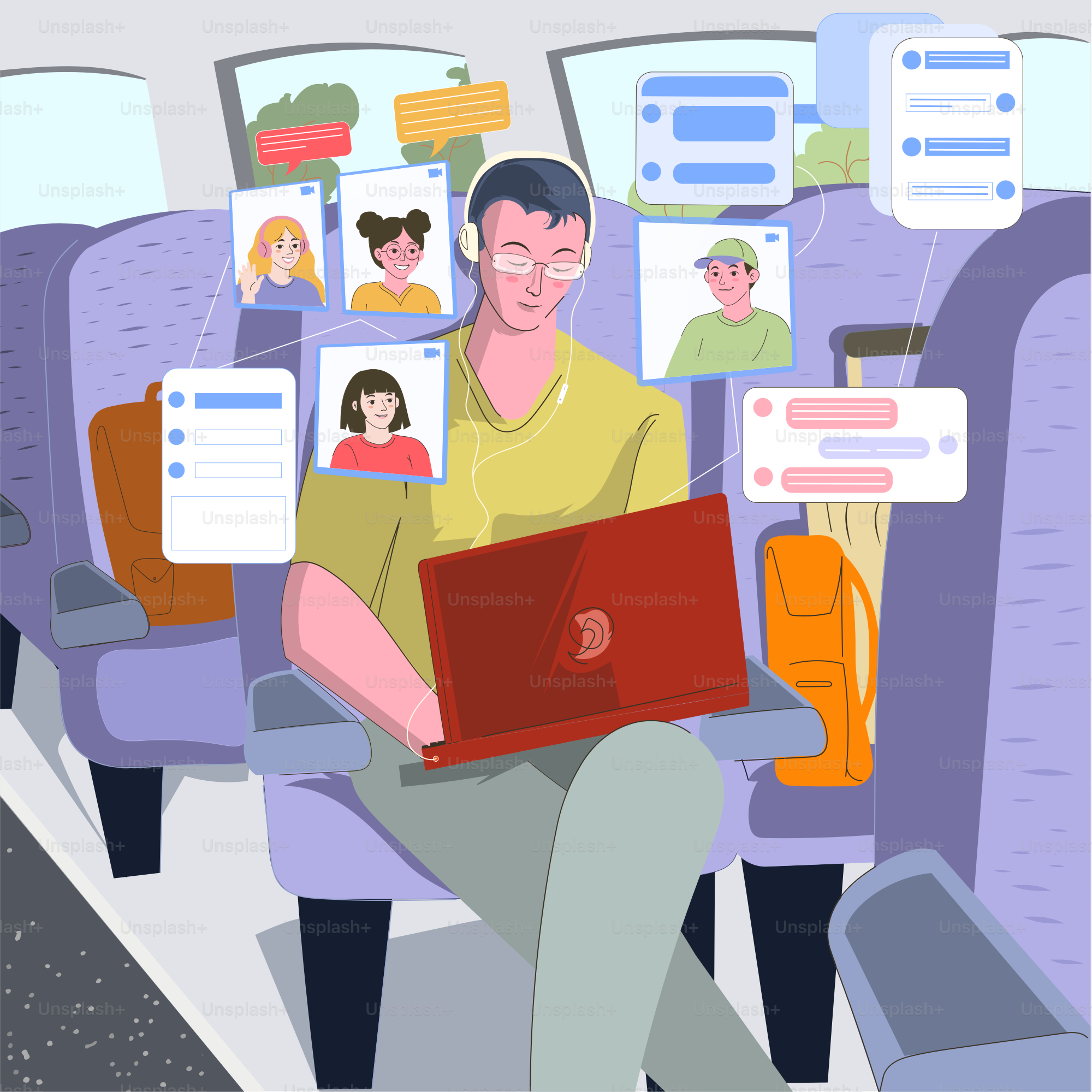 Uomo che lavora al portatile con chiamate virtuali su un autobus.