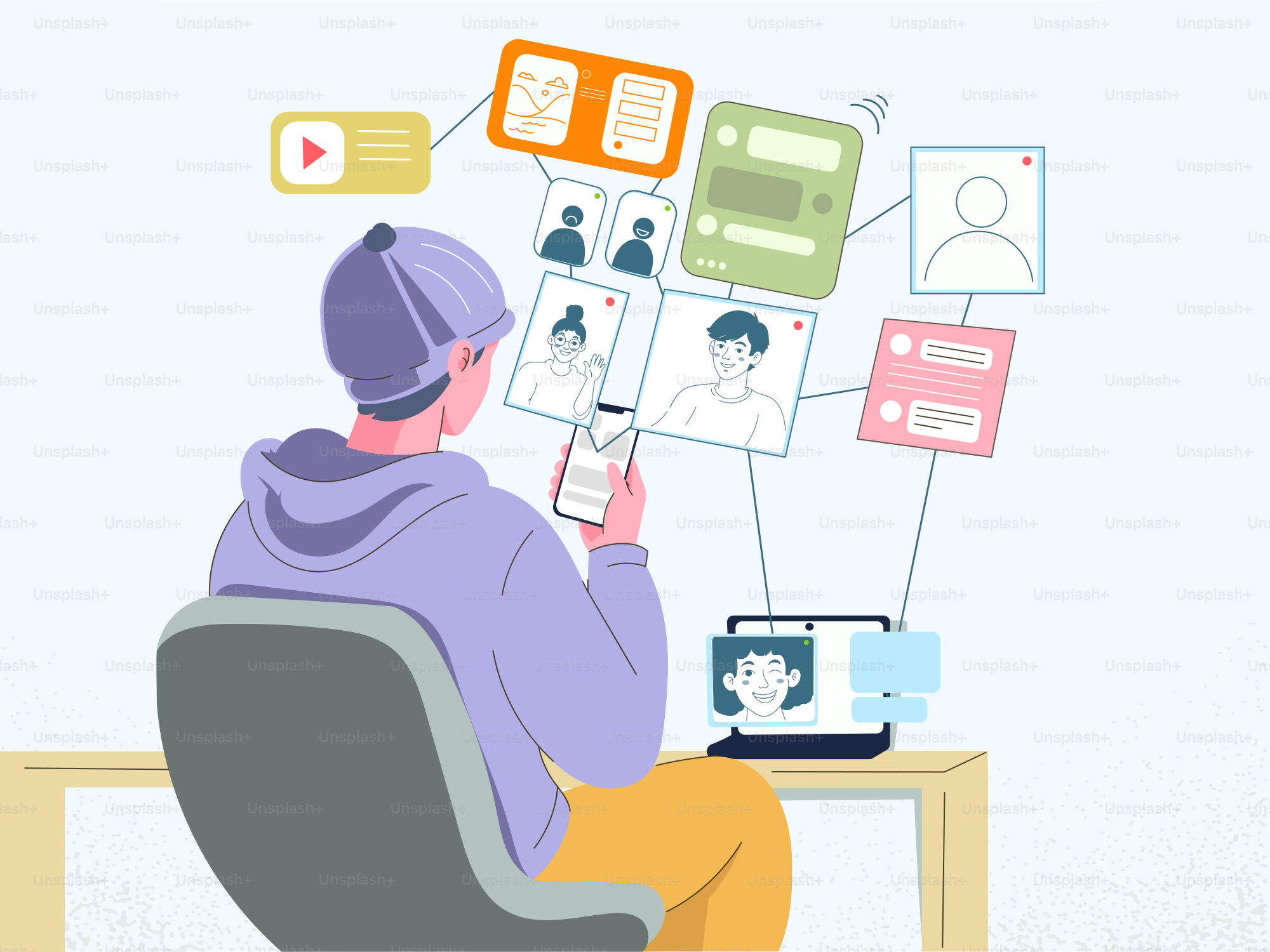 Persona che usa smartphone e laptop, collegata a varie interfacce digitali.