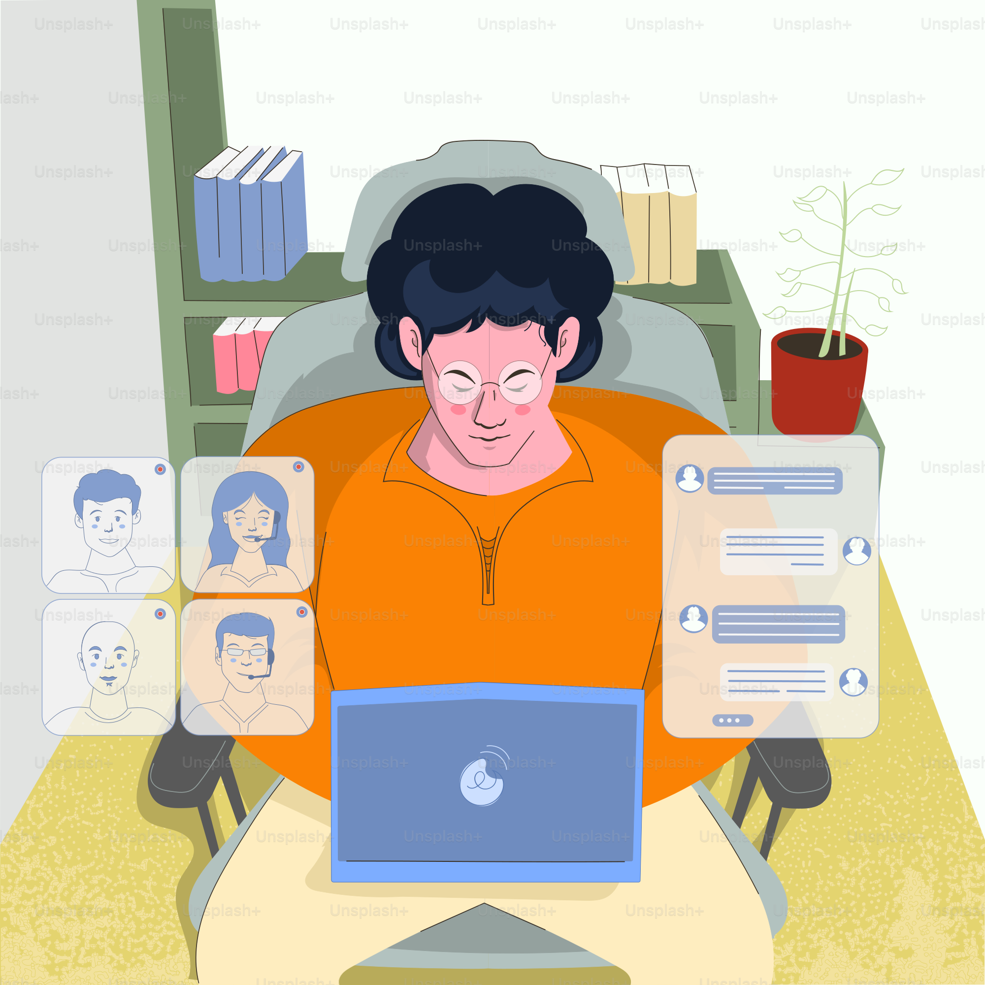 Persona che lavora su un portatile con interfaccia videochiamata e chat.