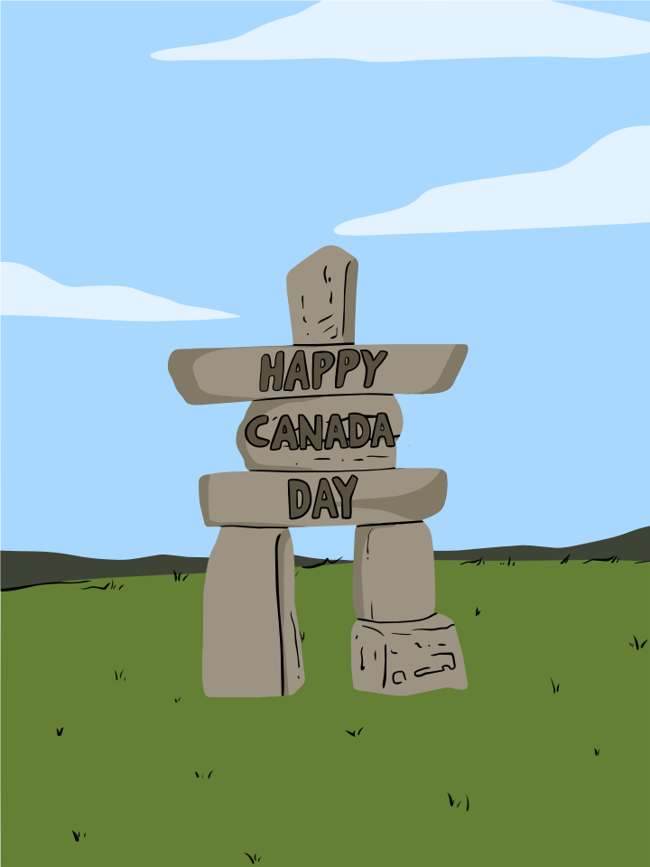 Batu inukshuk dengan "selamat hari kanada" di lapangan hijau