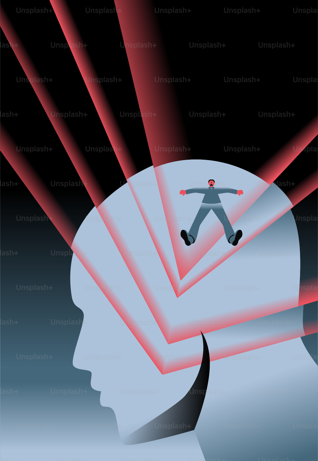 Light rays illuminate a small person inside a human head.