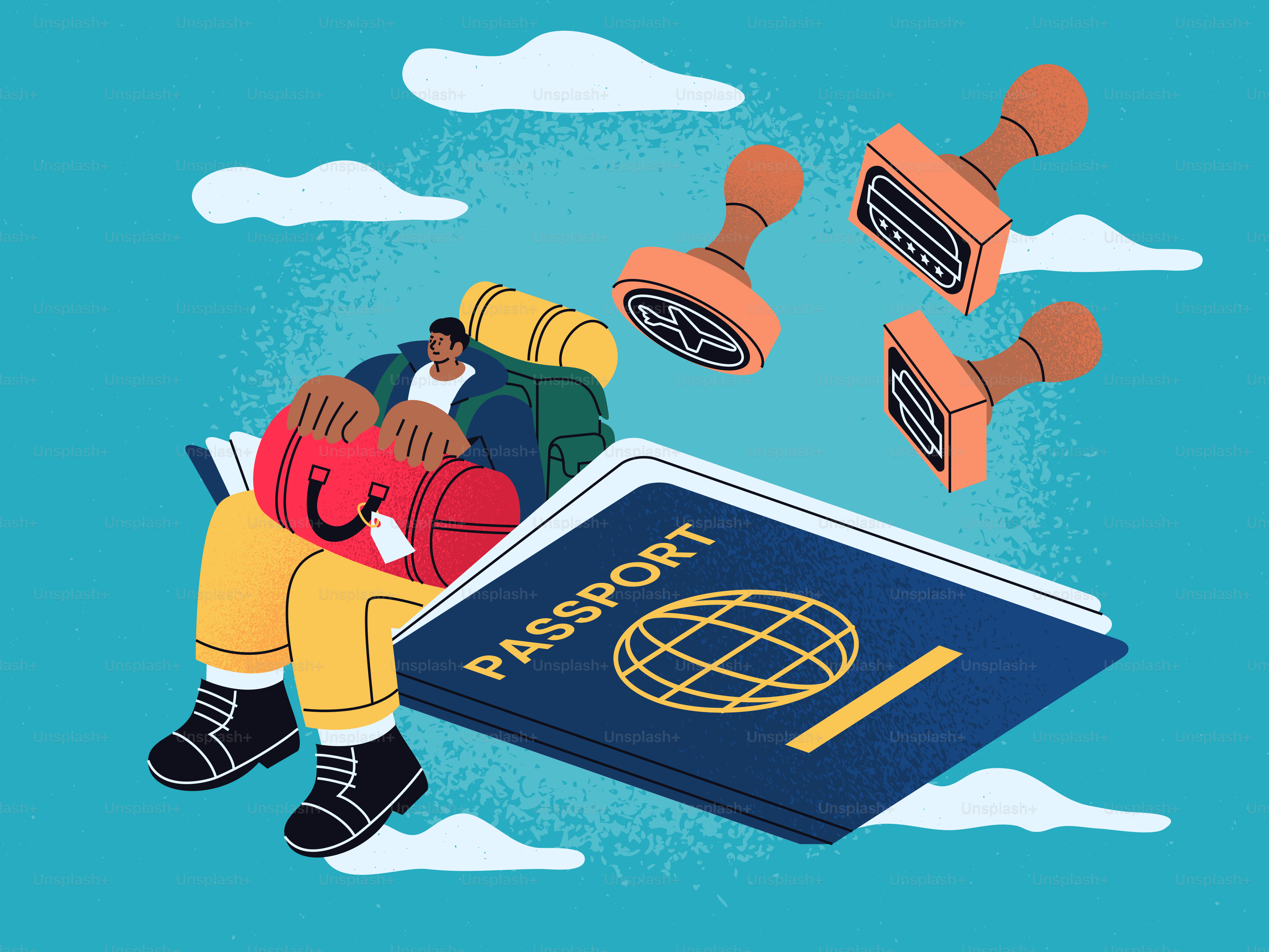 Traveler with backpack sitting on a giant passport with stamps.