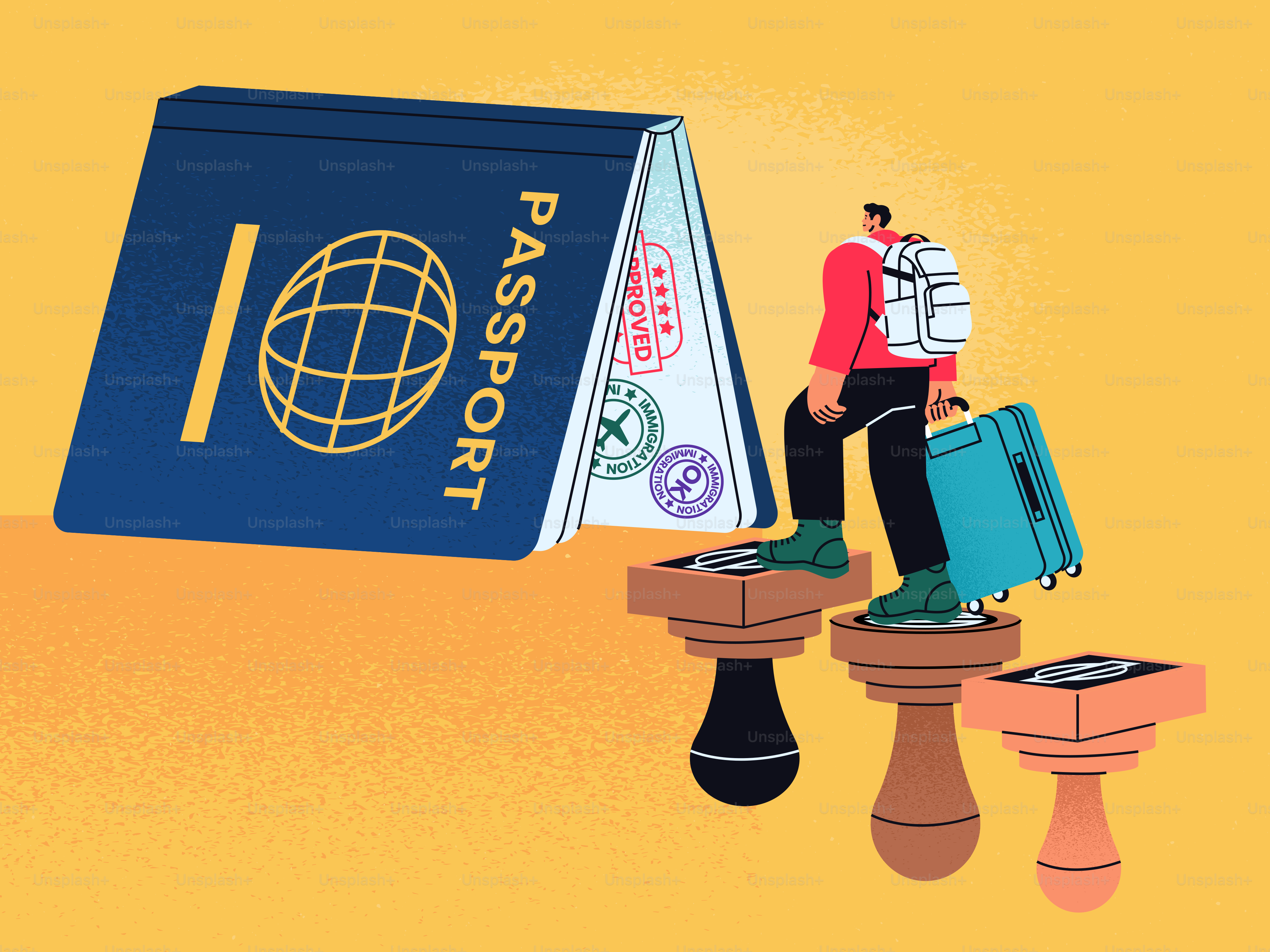 Traveler stepping on passport stamps towards an open passport.