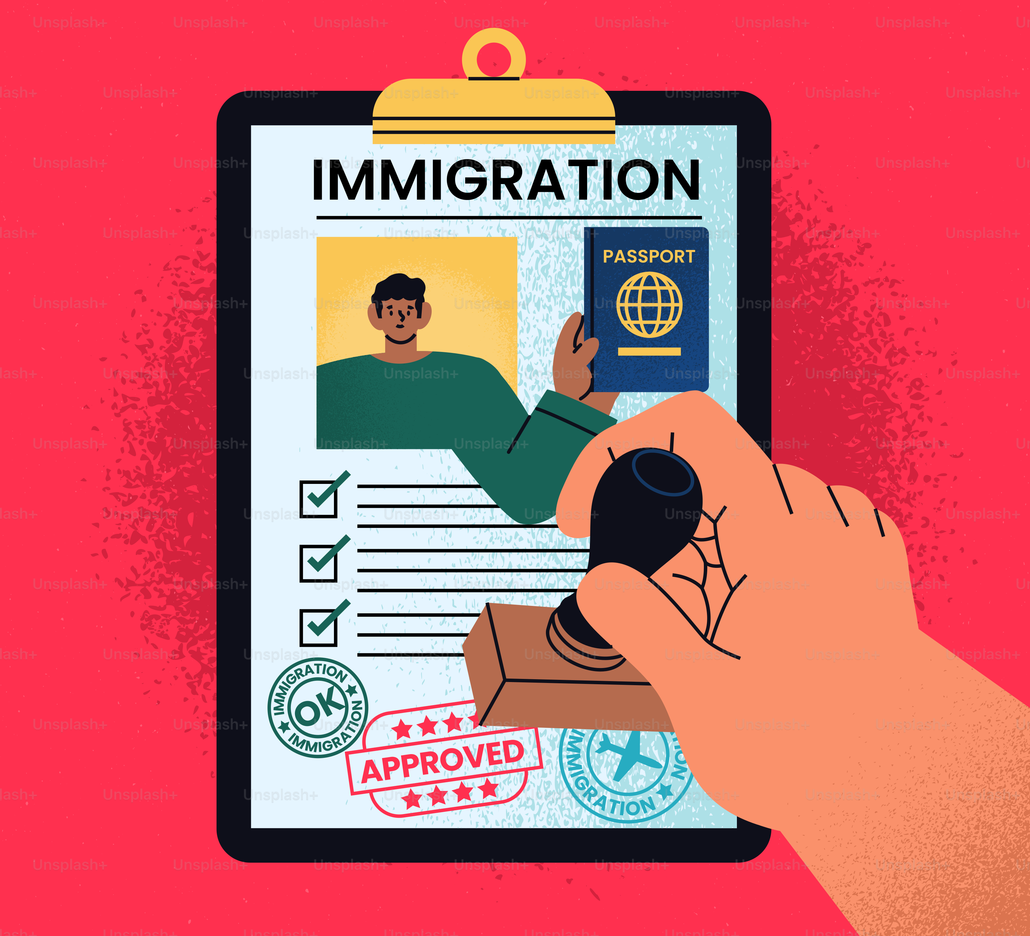 Hand stamping an approved immigration form with a passport.