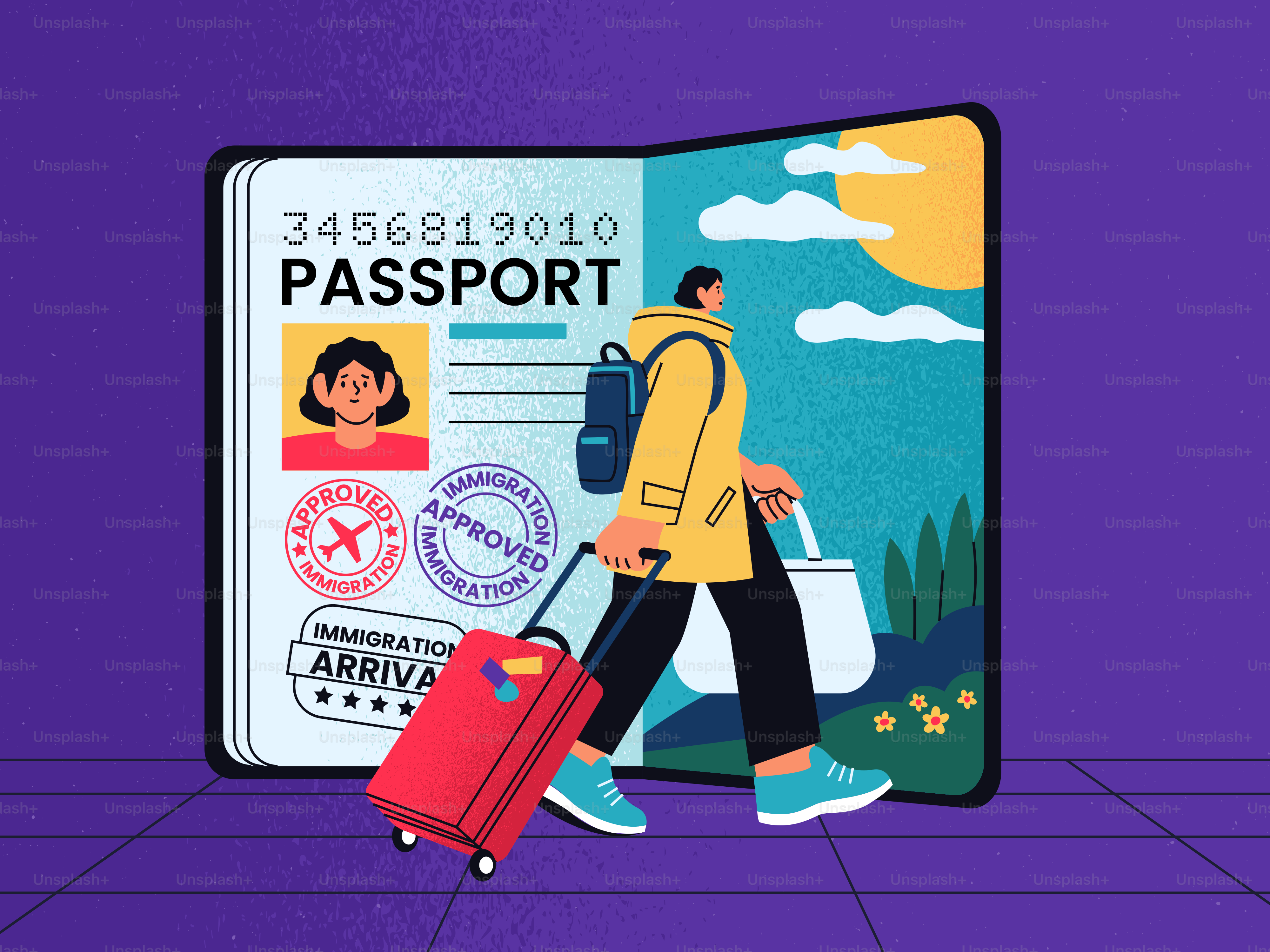 Passport open with travel stamps and a person traveling.