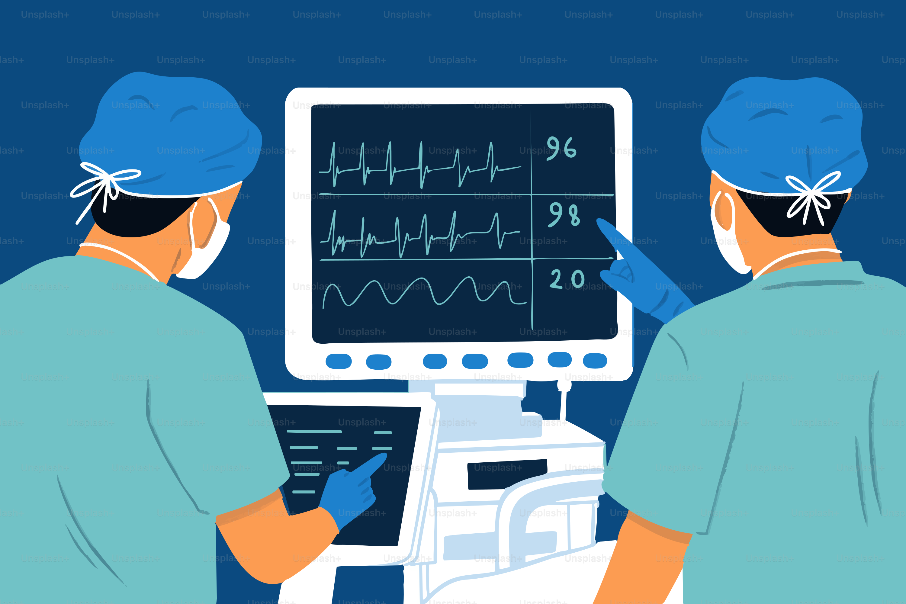 Due professionisti medici che osservano i segni vitali su un monitor ospedaliero.