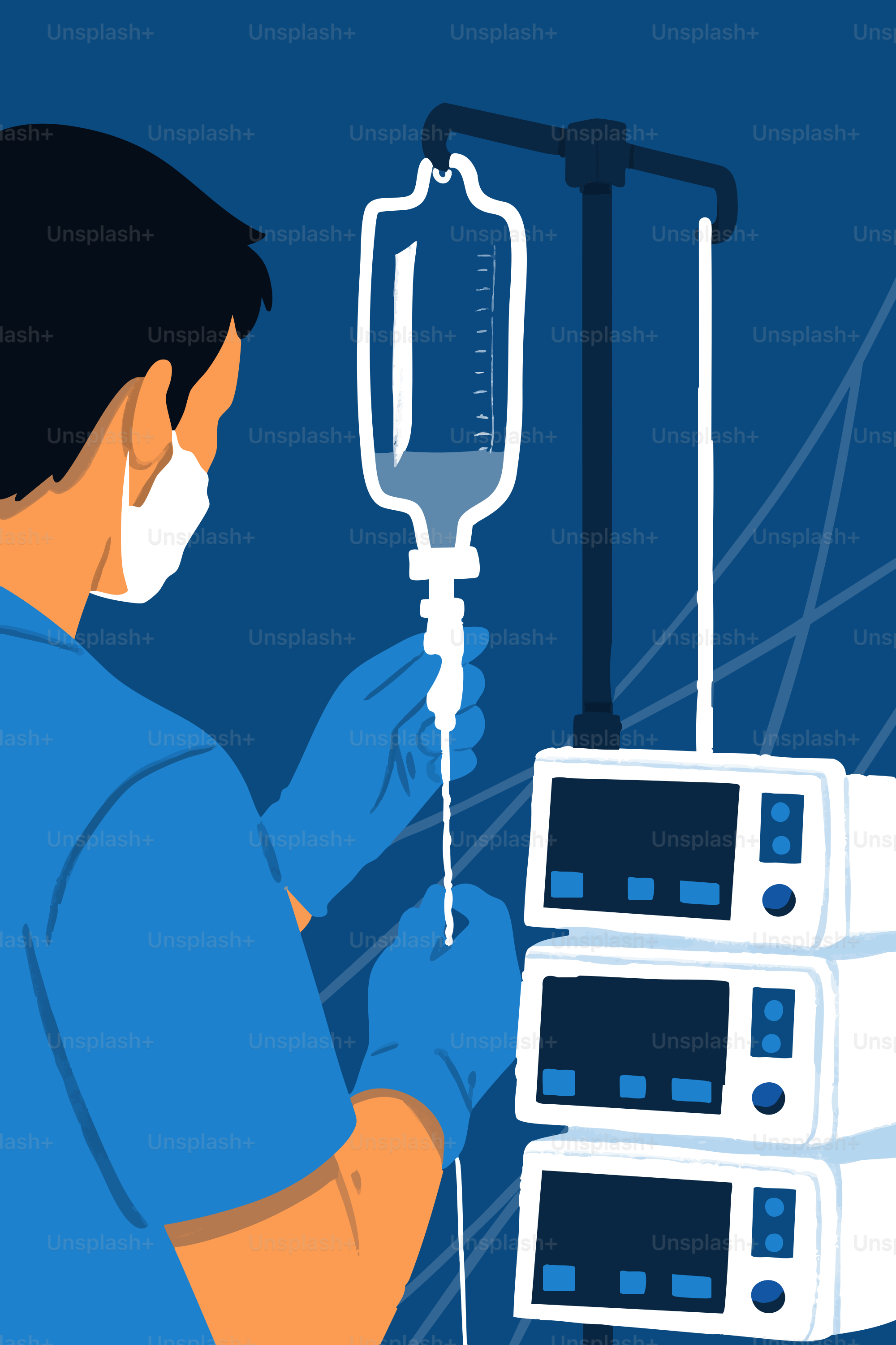 Un professionista medico che regola una flebo con monitor a portata di mano.
