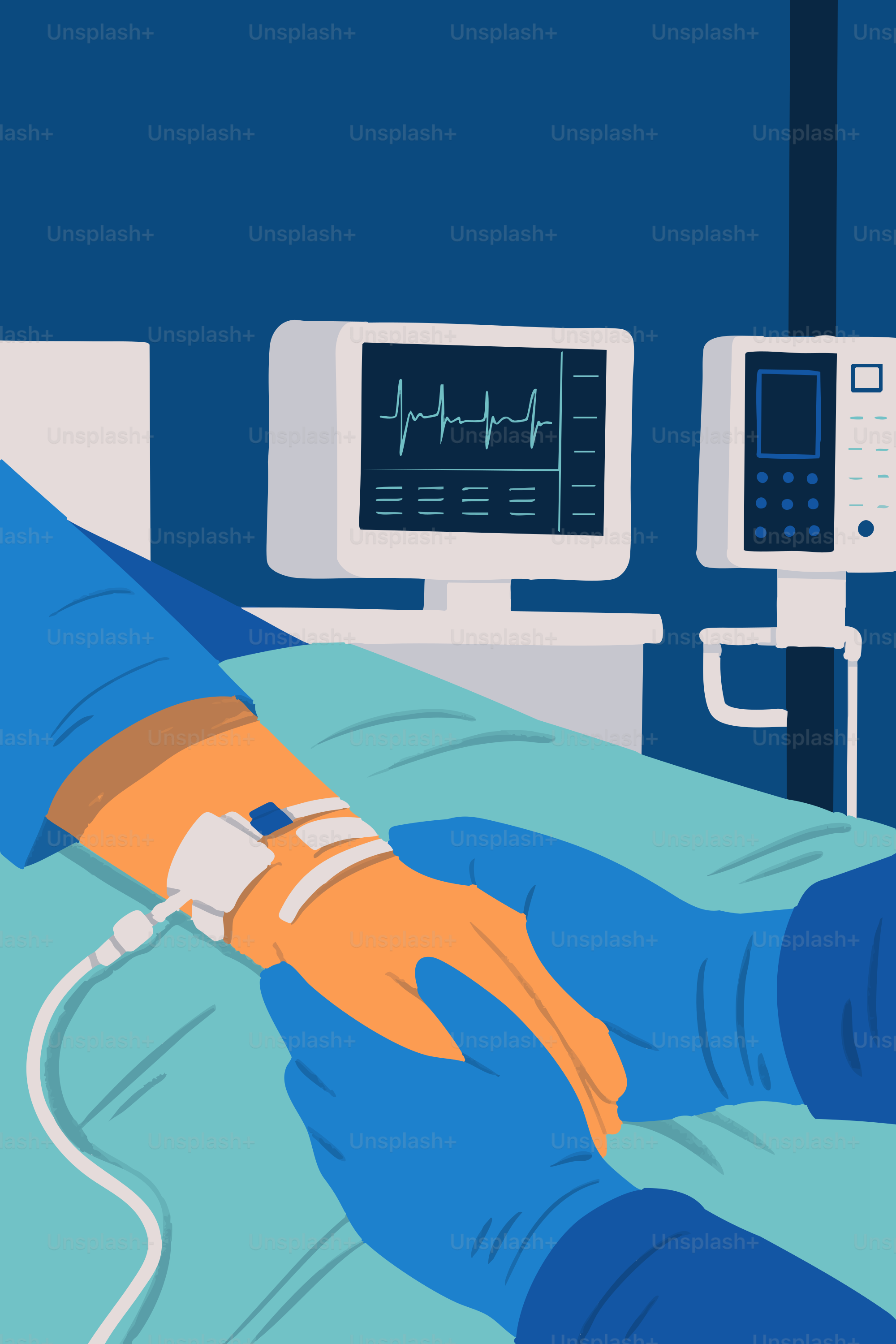 Mani guantate da dottore confortano il paziente con flebo in ospedale.