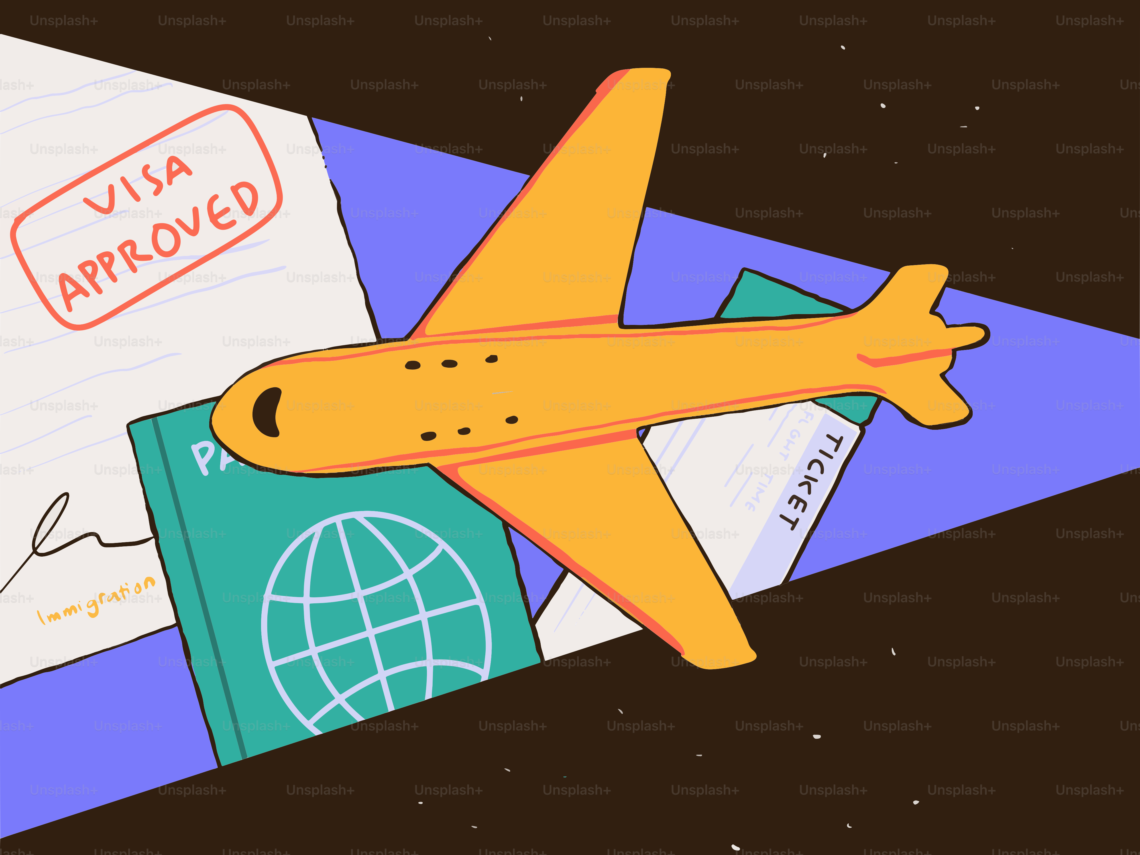 Ein orangefarbenes Flugzeug, das über Reisedokumente und ein Visum fliegt