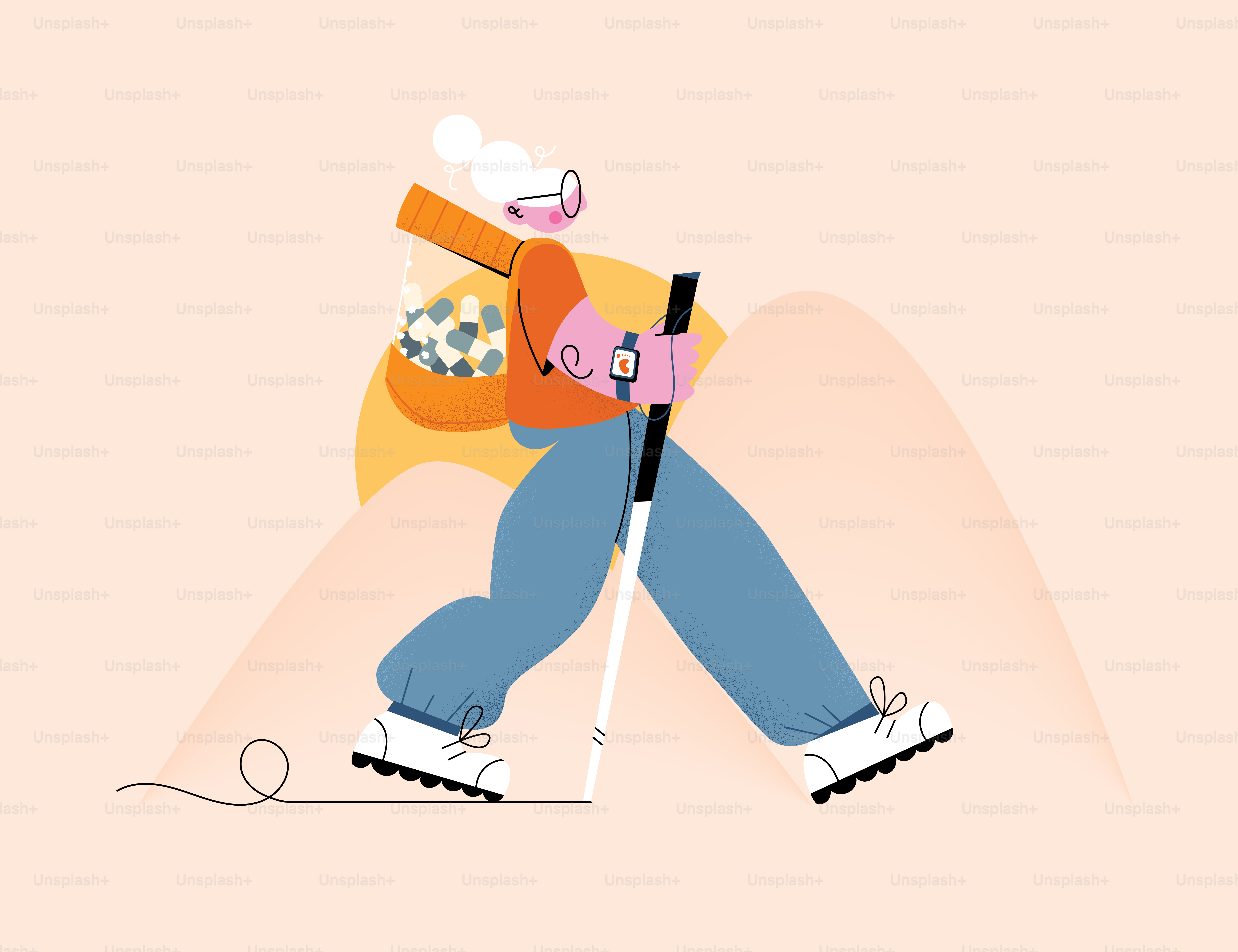 Senhora idosa fazendo trilhas nas montanhas com uma mochila e um bastão de caminhada.