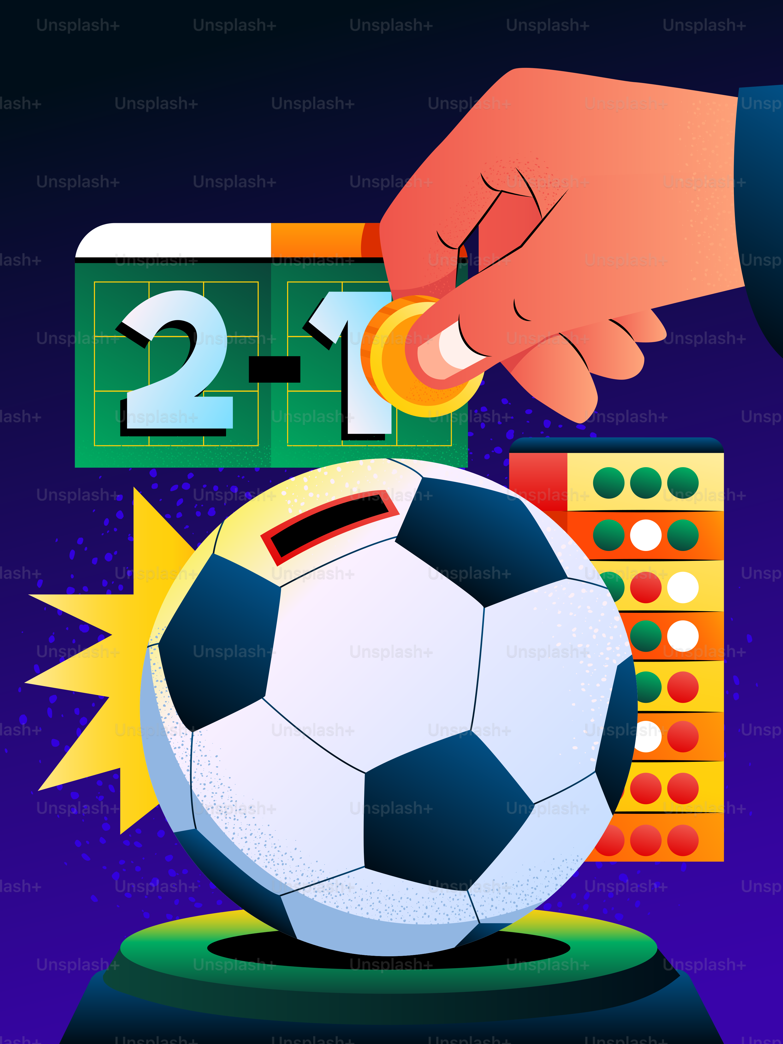 スコアボードと賭け紙付きのサッカーボール貯金箱。
