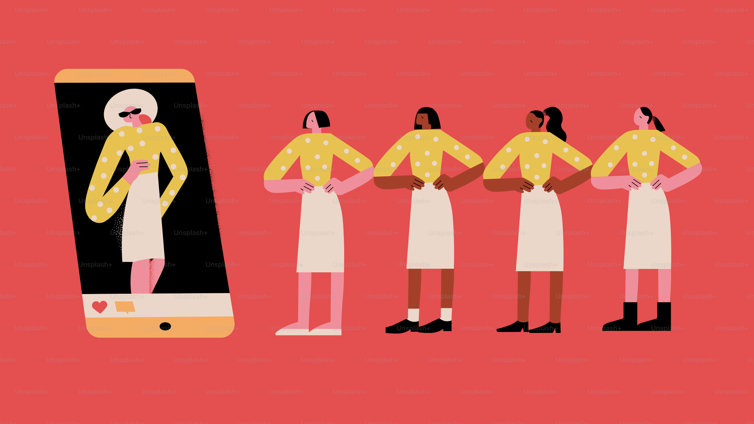 Smartphone displays woman, four women standing in a line.