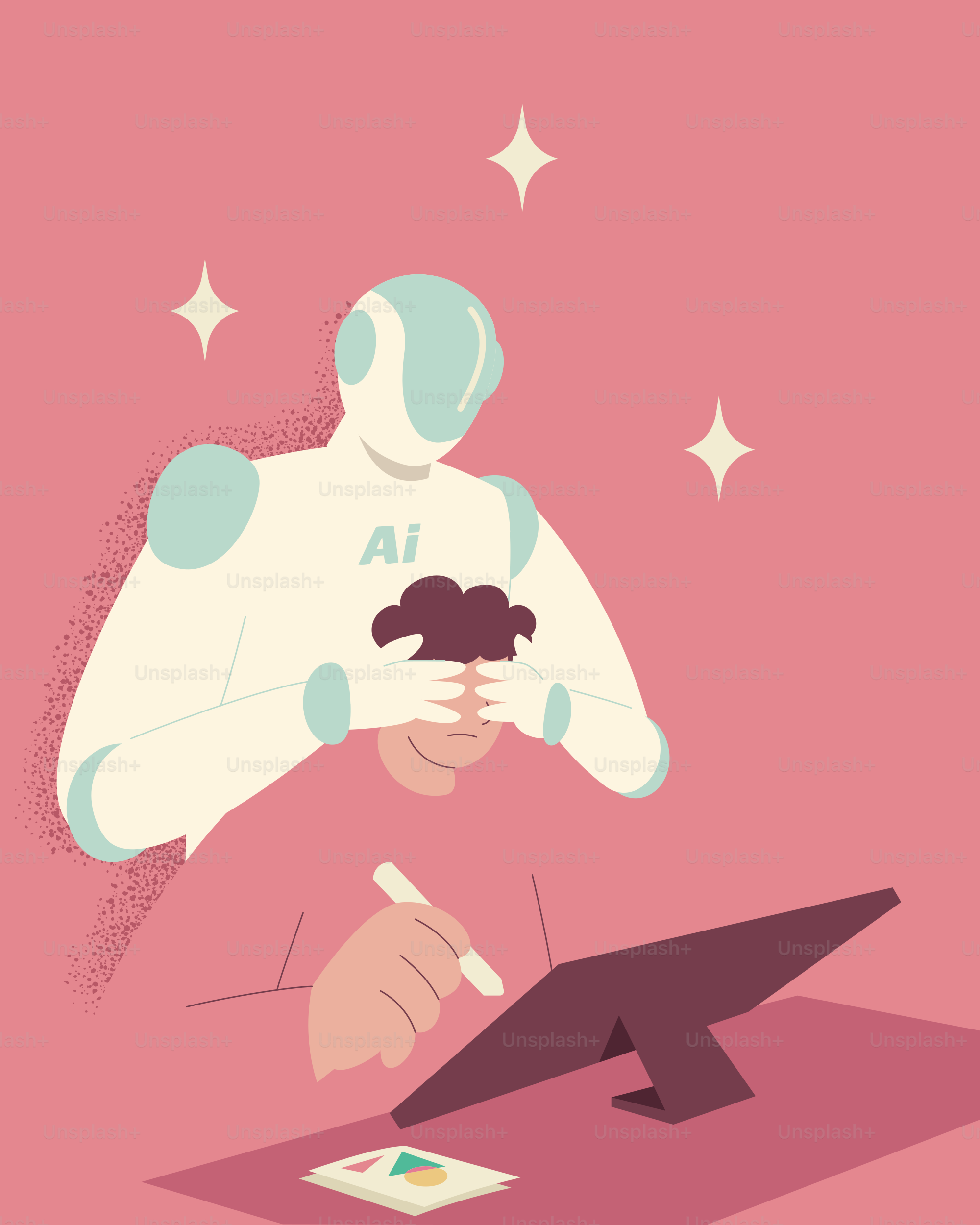 Robot ai membantu seseorang menggambar di tablet.