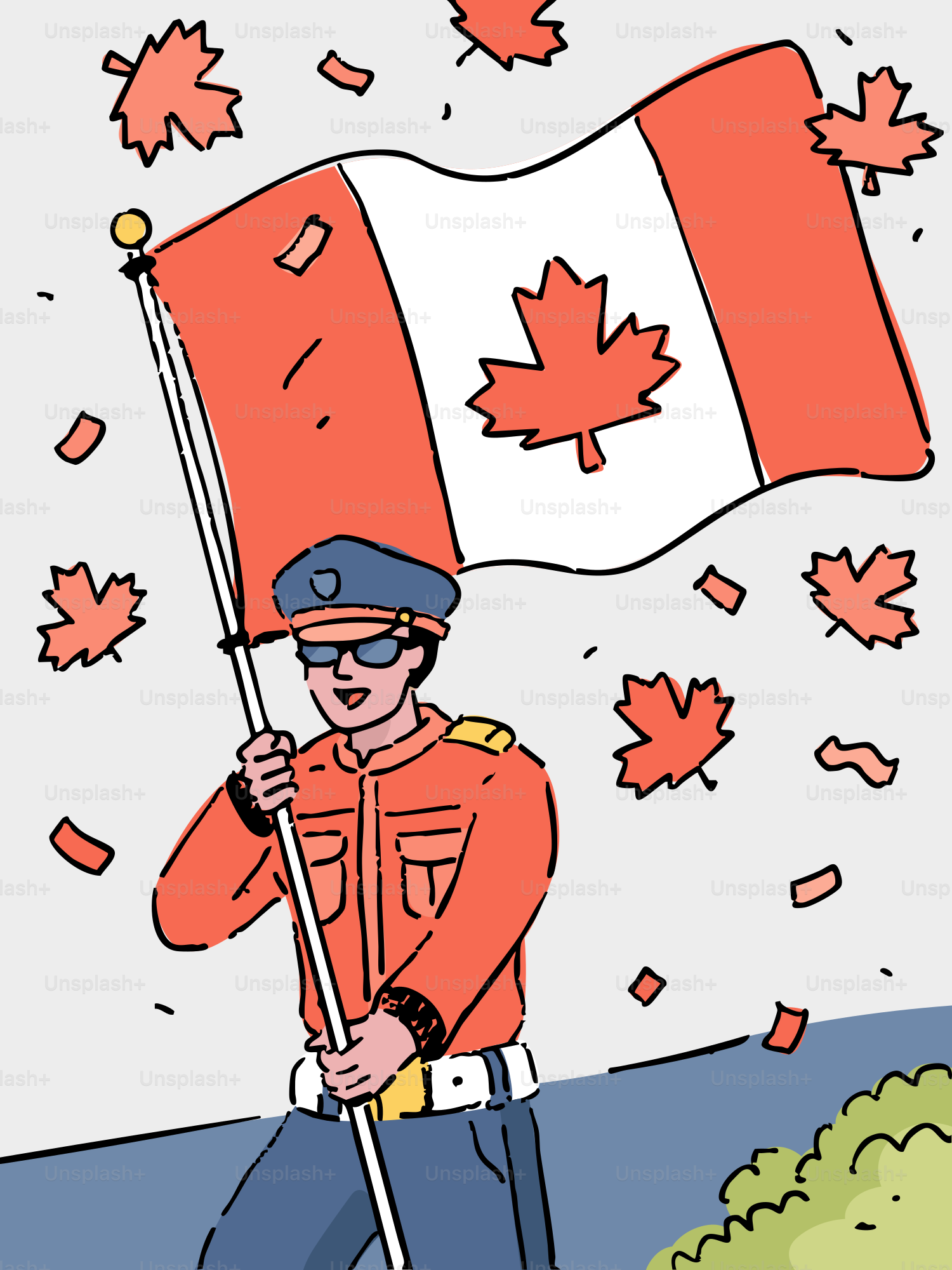 Une personne en uniforme tient le drapeau canadien alors que les feuilles d’érable tombent.