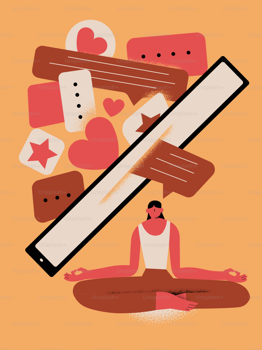 Person meditating while a phone blocks distracting social media messages