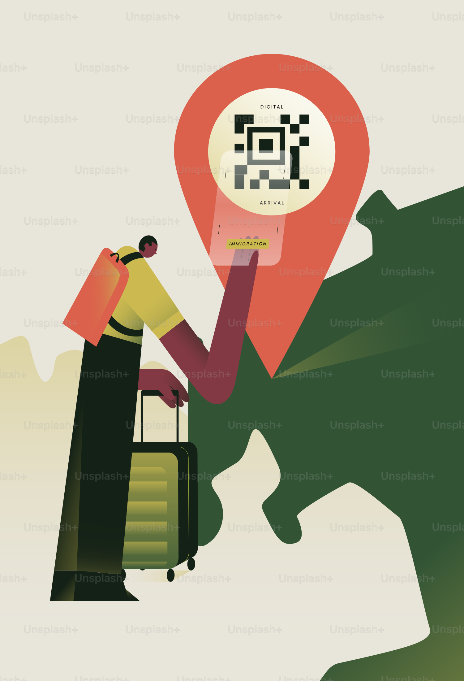 Pessoa com bagagem escaneia o QR code no telefone.