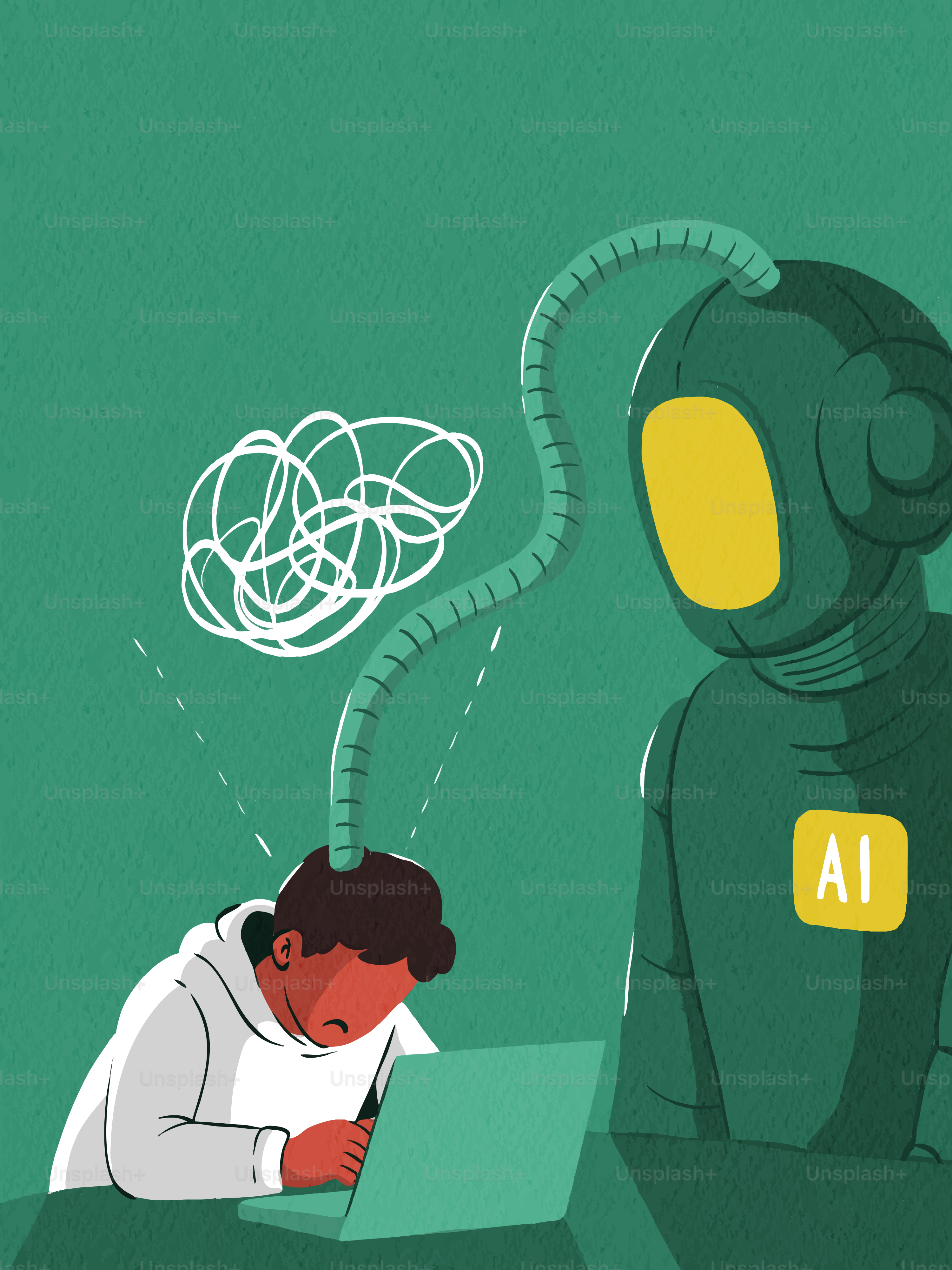 Ai robot connected to a confused person using a laptop. vector ...