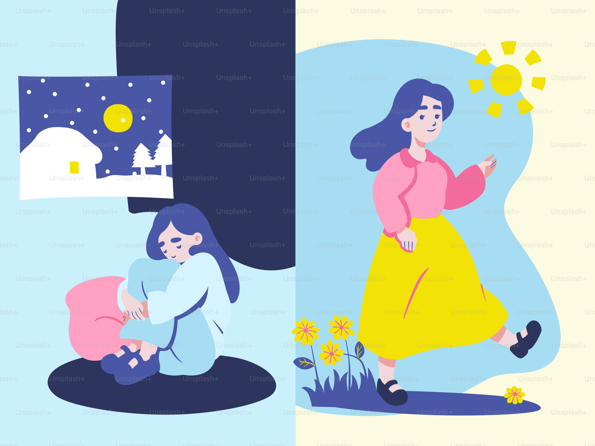 A woman's journey from melancholy night to cheerful day.