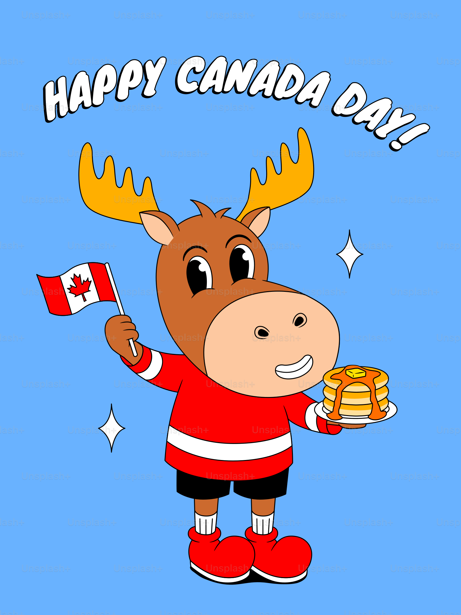 Rusa kartun merayakan hari kanada dengan bendera dan pancake.