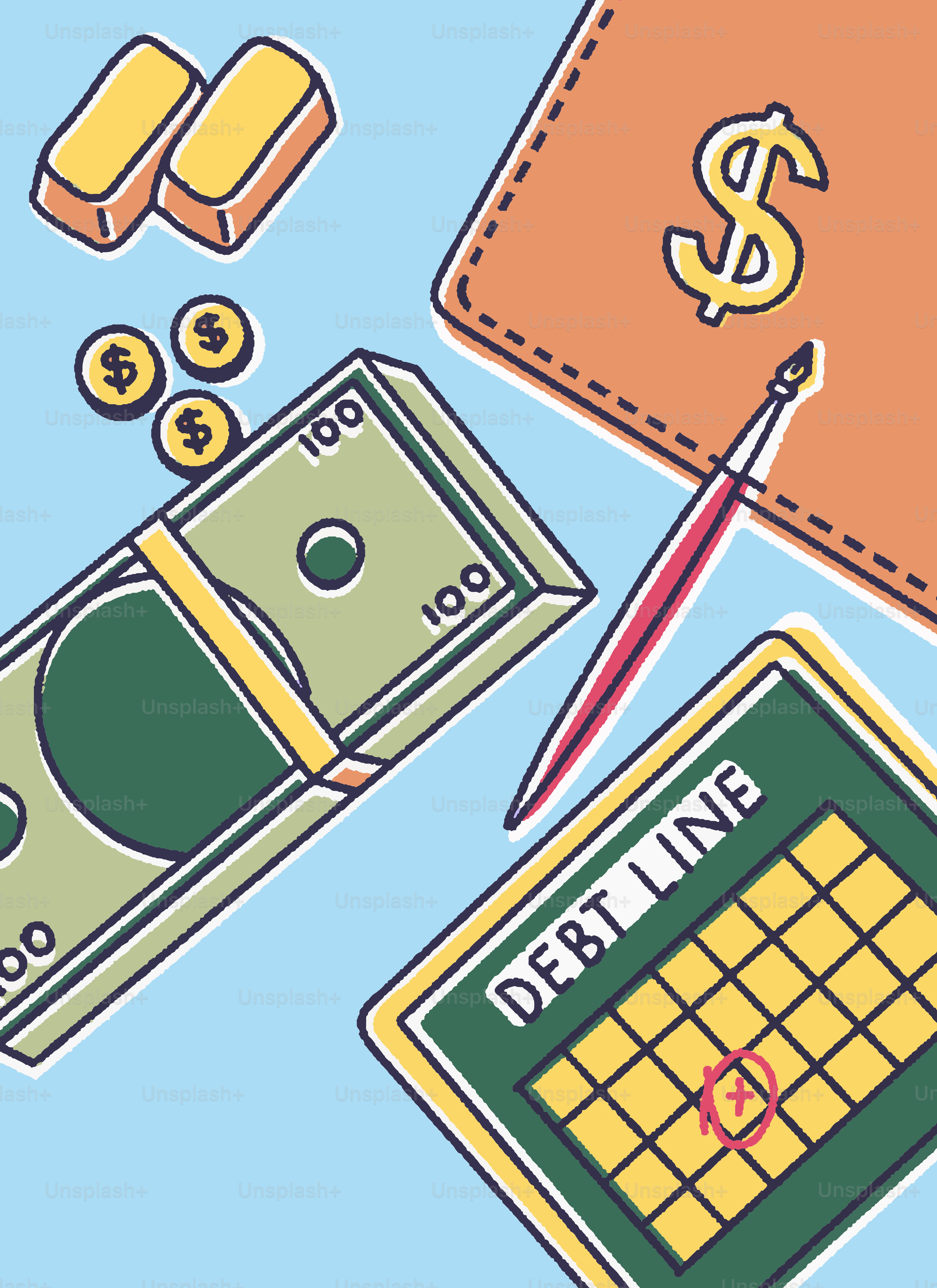Money, gold, wallet, pen, and a debt line calendar