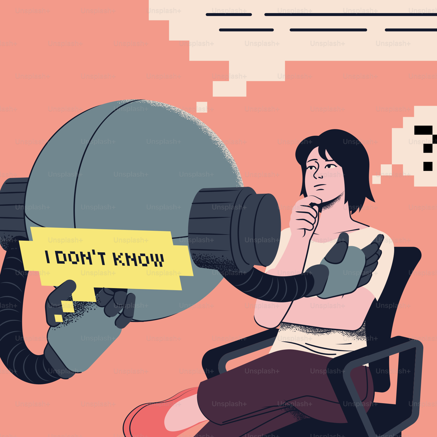 Femme qui réfléchit pendant qu’un robot affiche « je ne sais pas ».