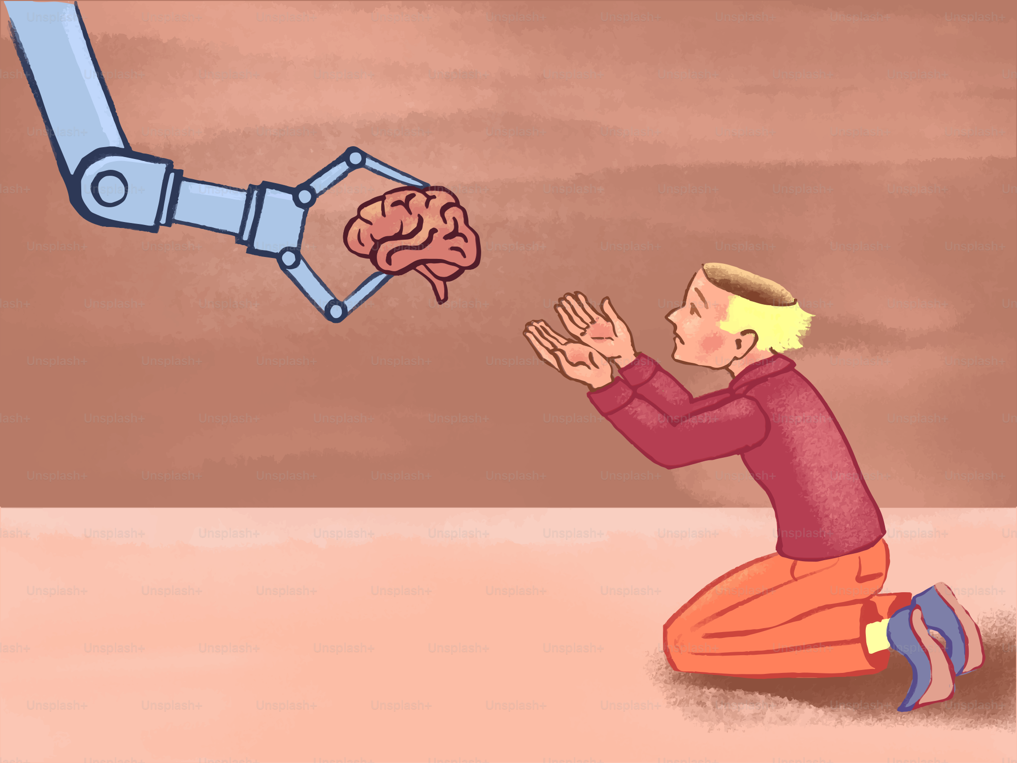 A robot arm gives a brain to a kneeling person.