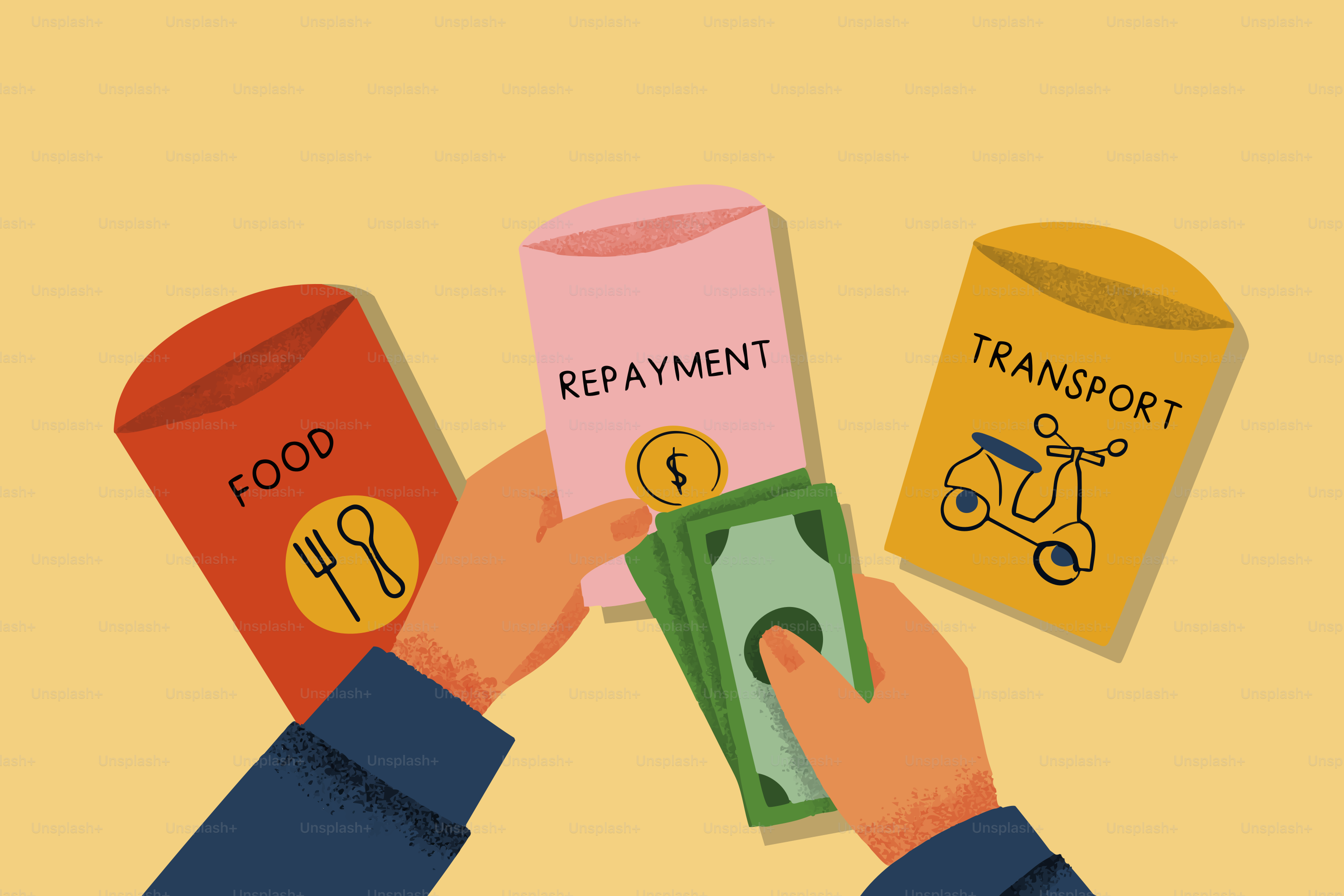 Hands allocating money into envelopes for food, repayment, and transport.