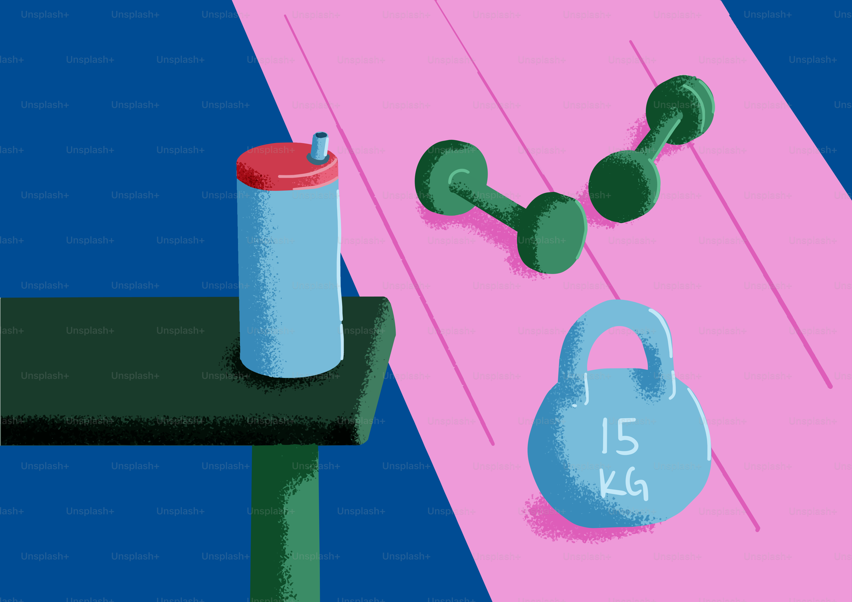 Hanteln, Kettlebell und Wasserflasche auf rosa und blauen Oberflächen.