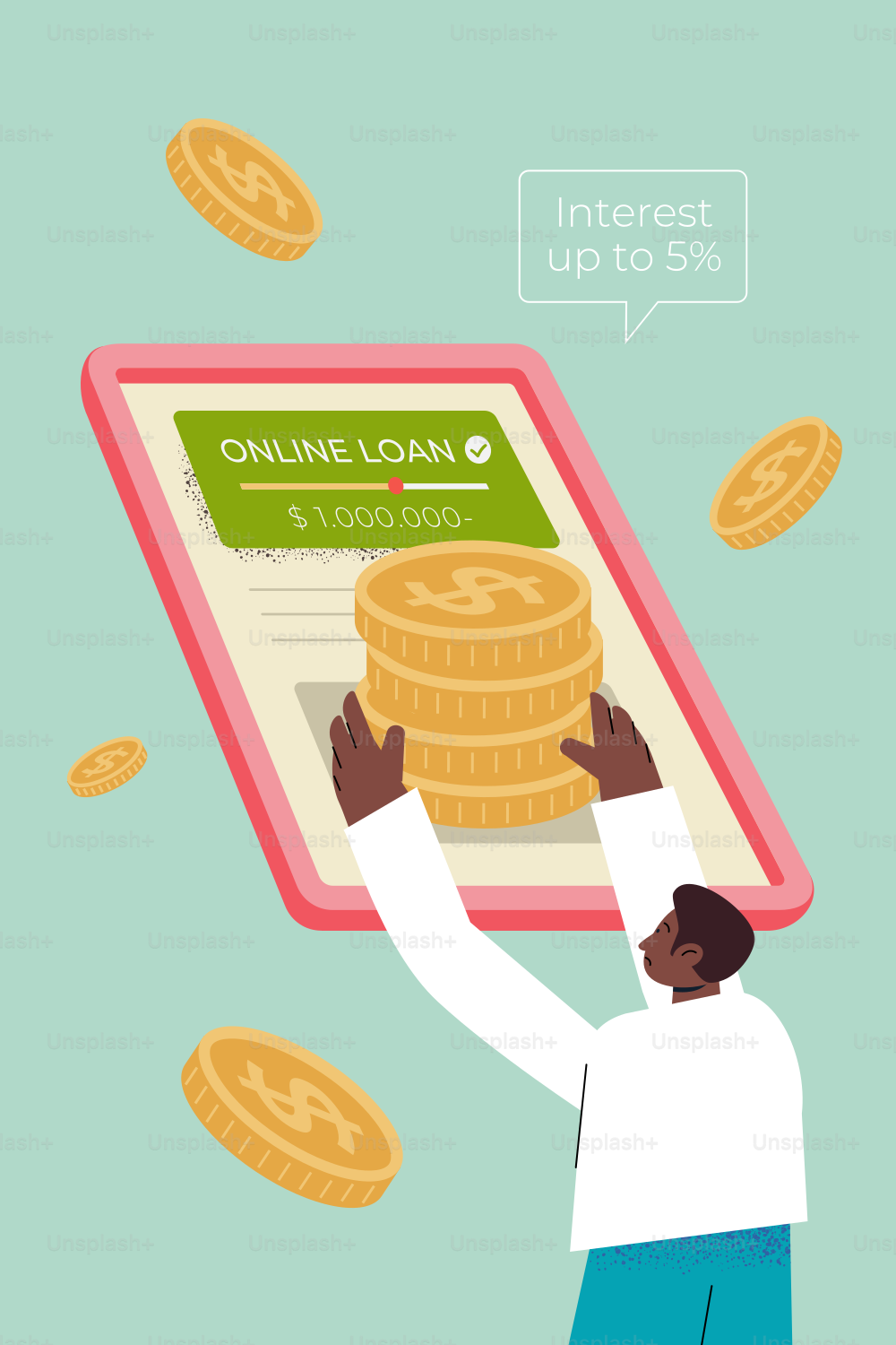 Manusia meraih pinjaman online dan uang di tablet.