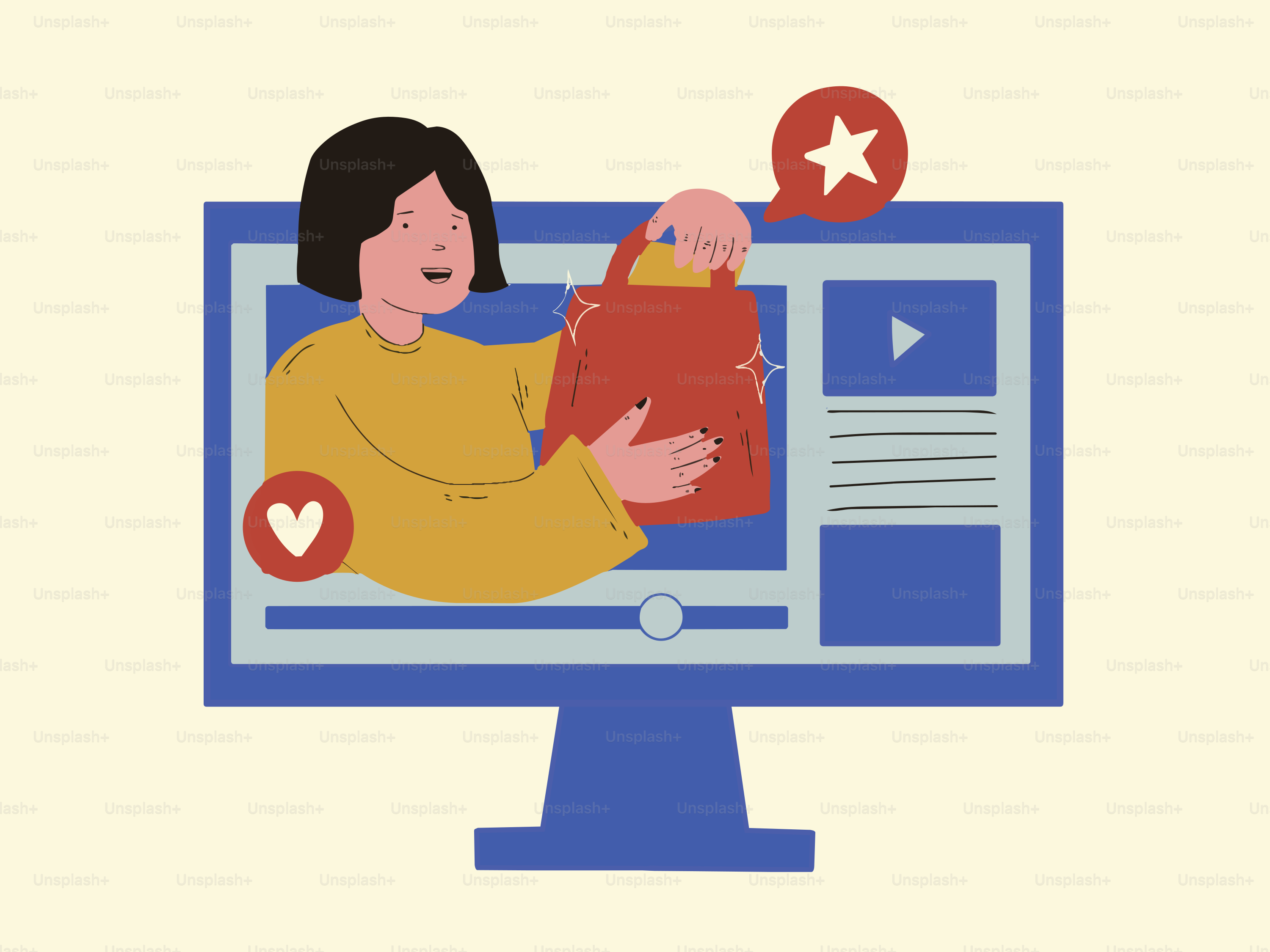 Mujer sosteniendo una bolsa de la compra en la pantalla del ordenador con redes sociales.