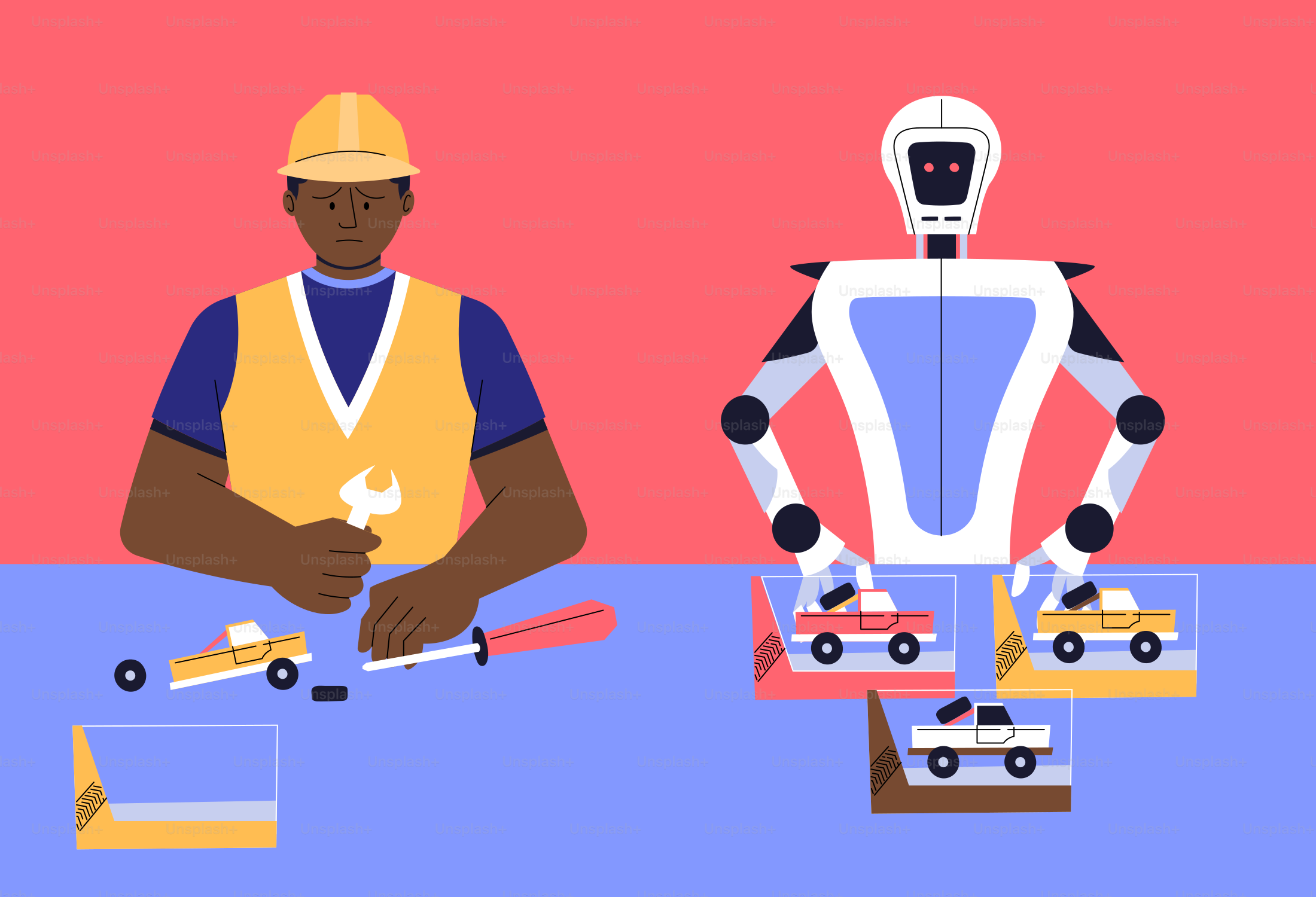 Man assembling toy car, robot with finished cars