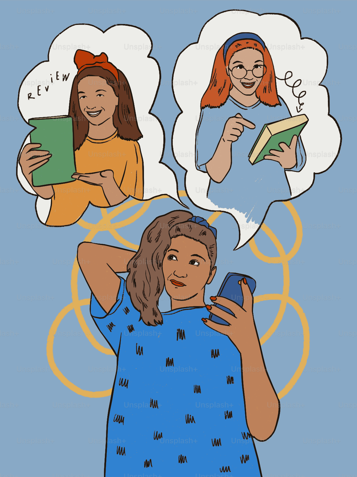 Mulher no telefone, pensando em resenhas de livros e leitura