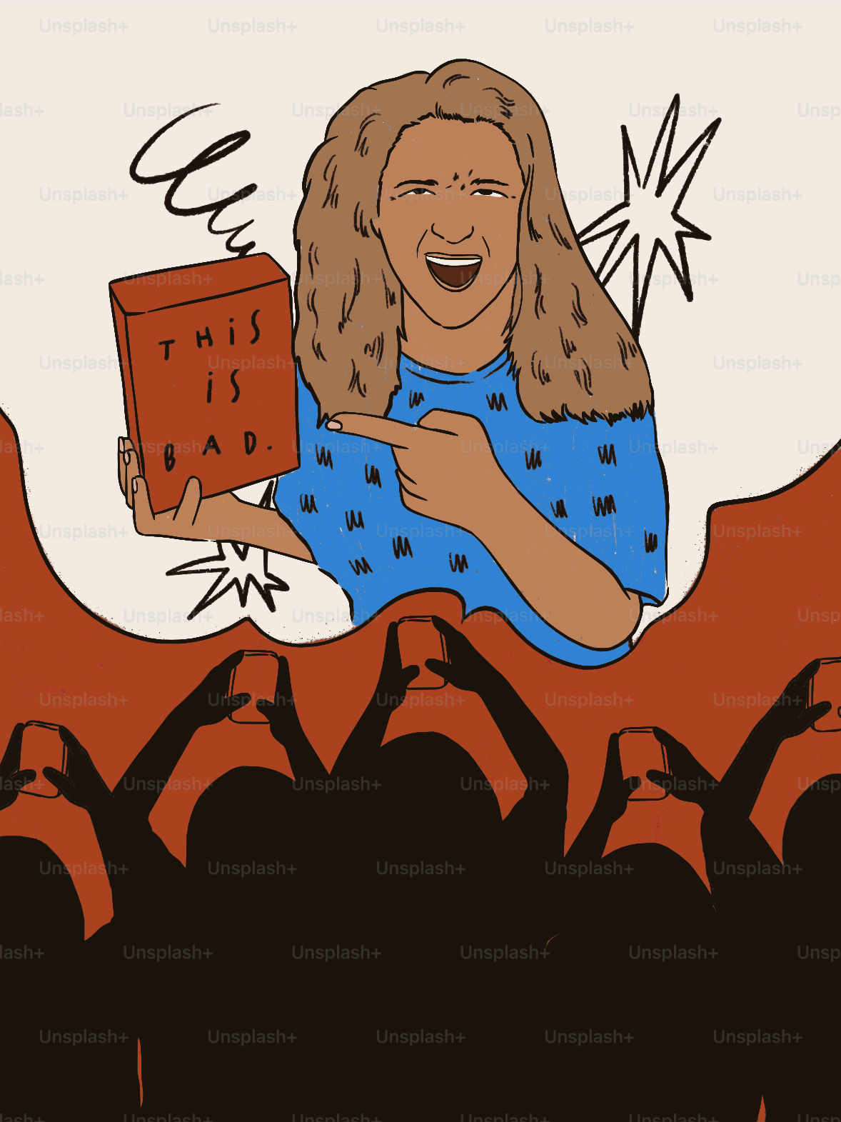 Wanita memegang tanda "ini buruk", menunjuk ke kerumunan.