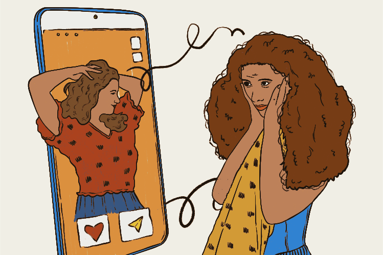 Mulher angustiada com uma imagem nas redes sociais no celular