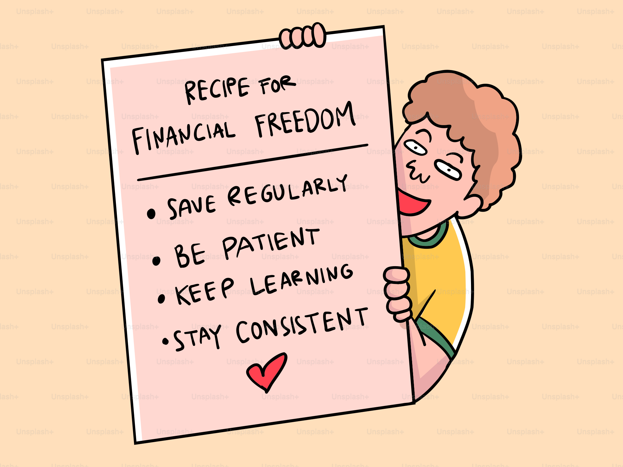 Pessoa de desenho animado tem uma receita para liberdade financeira.