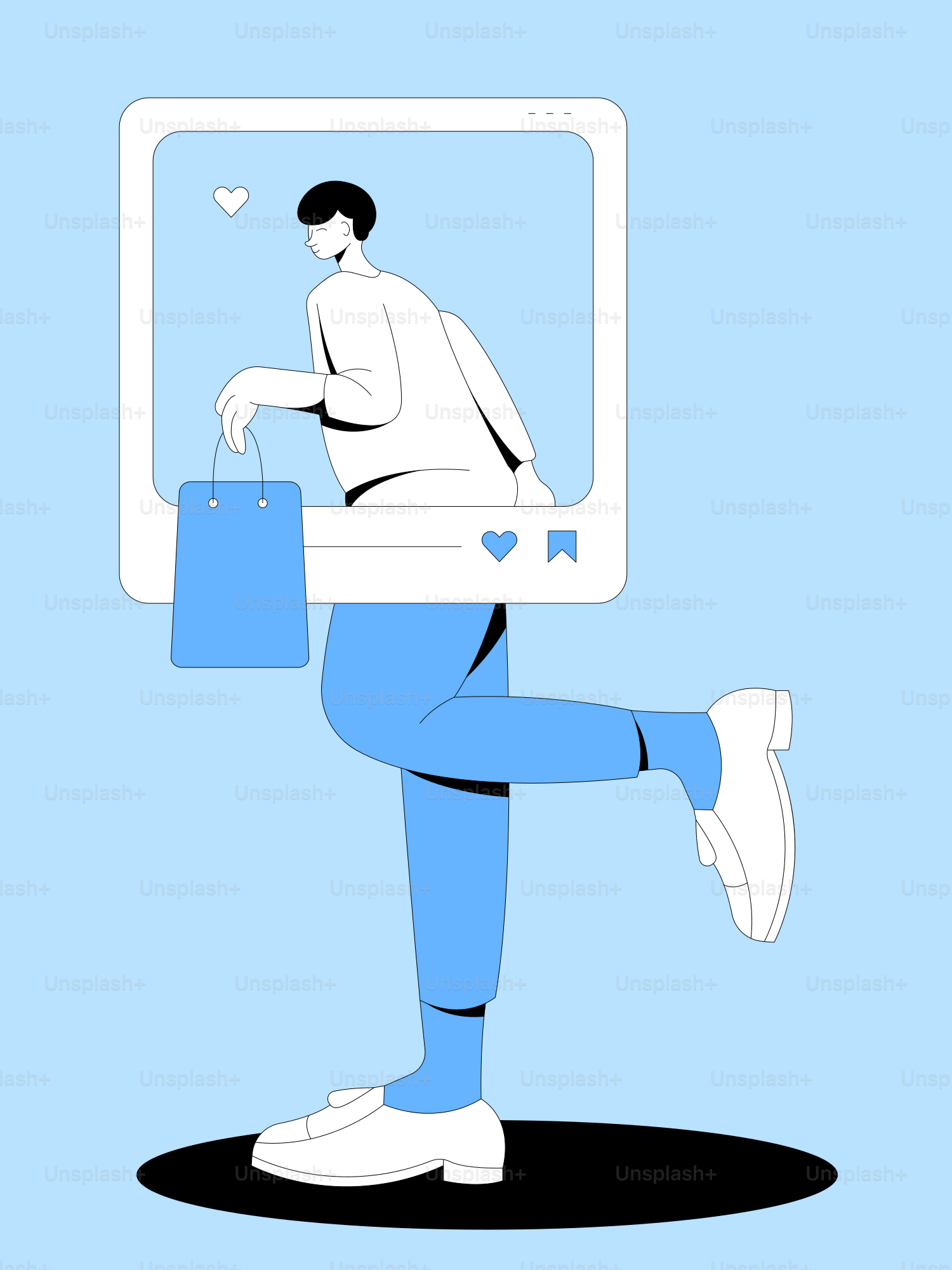 쇼핑백을 든 스타일화된 인물이 소셜 미디어 프레임에서 드러난다.