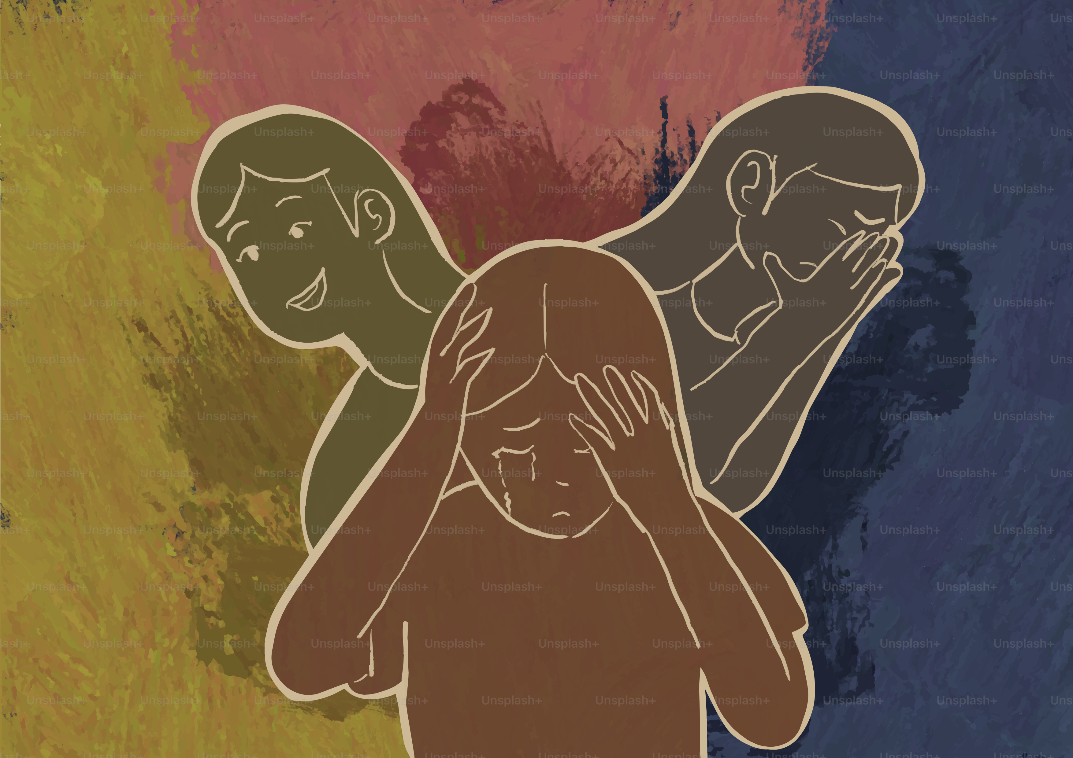 Person, die weint, flankiert von glücklichen und traurigen emotionalen Darstellungen.