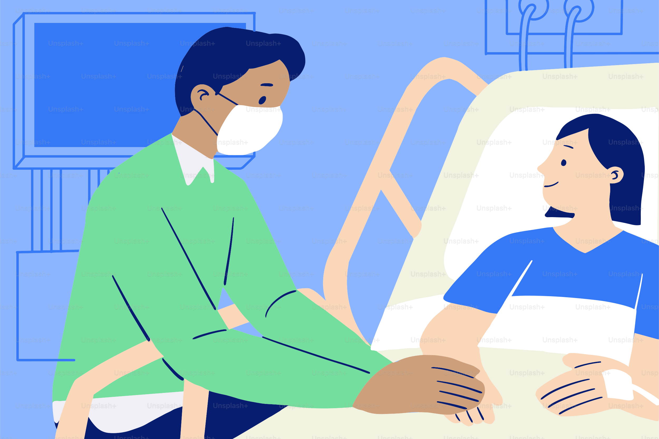 Hombre enmascarado consuela a una mujer en la cama del hospital.