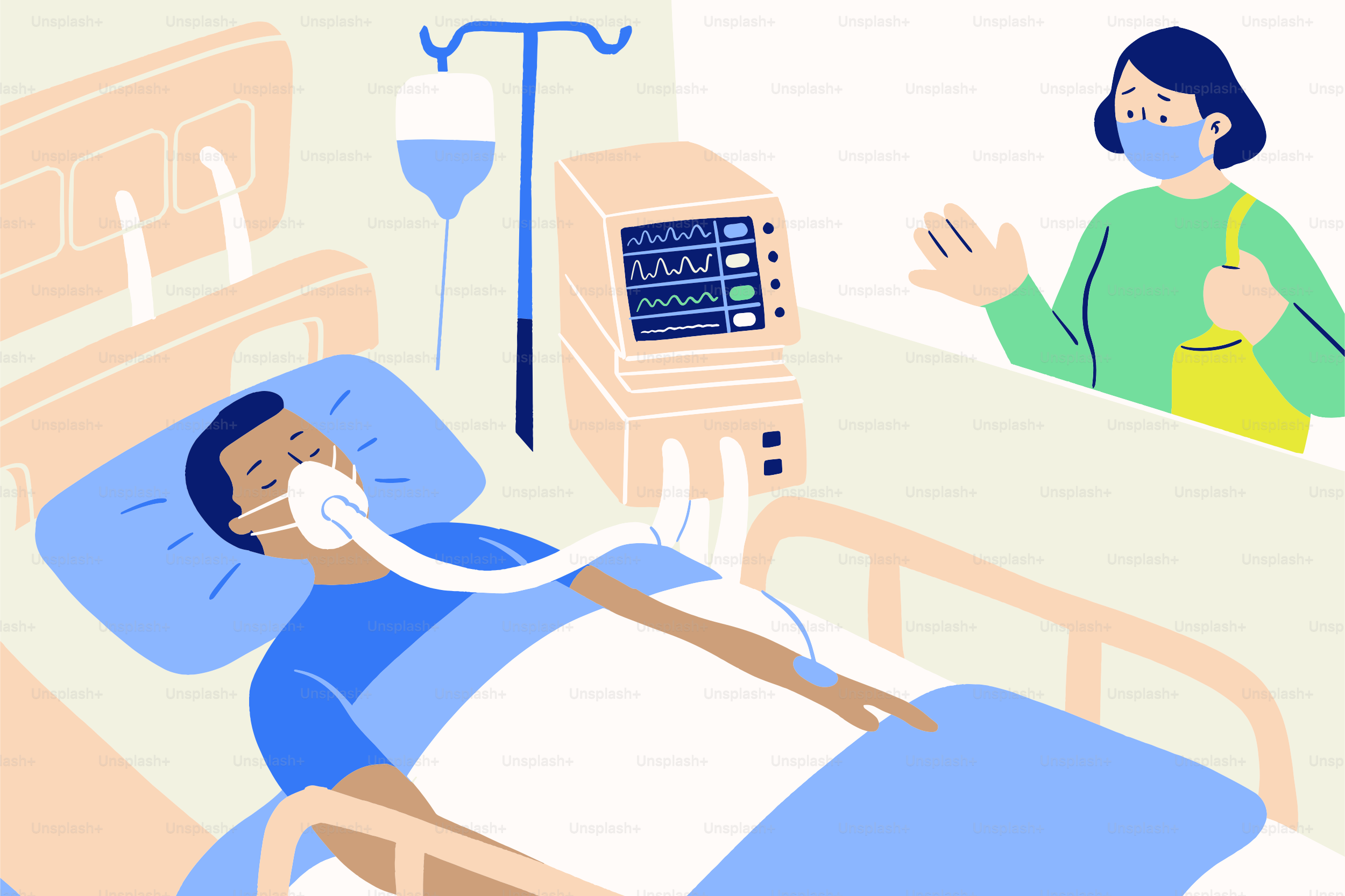 Paciente no ventilador em cama de hospital com visitante.