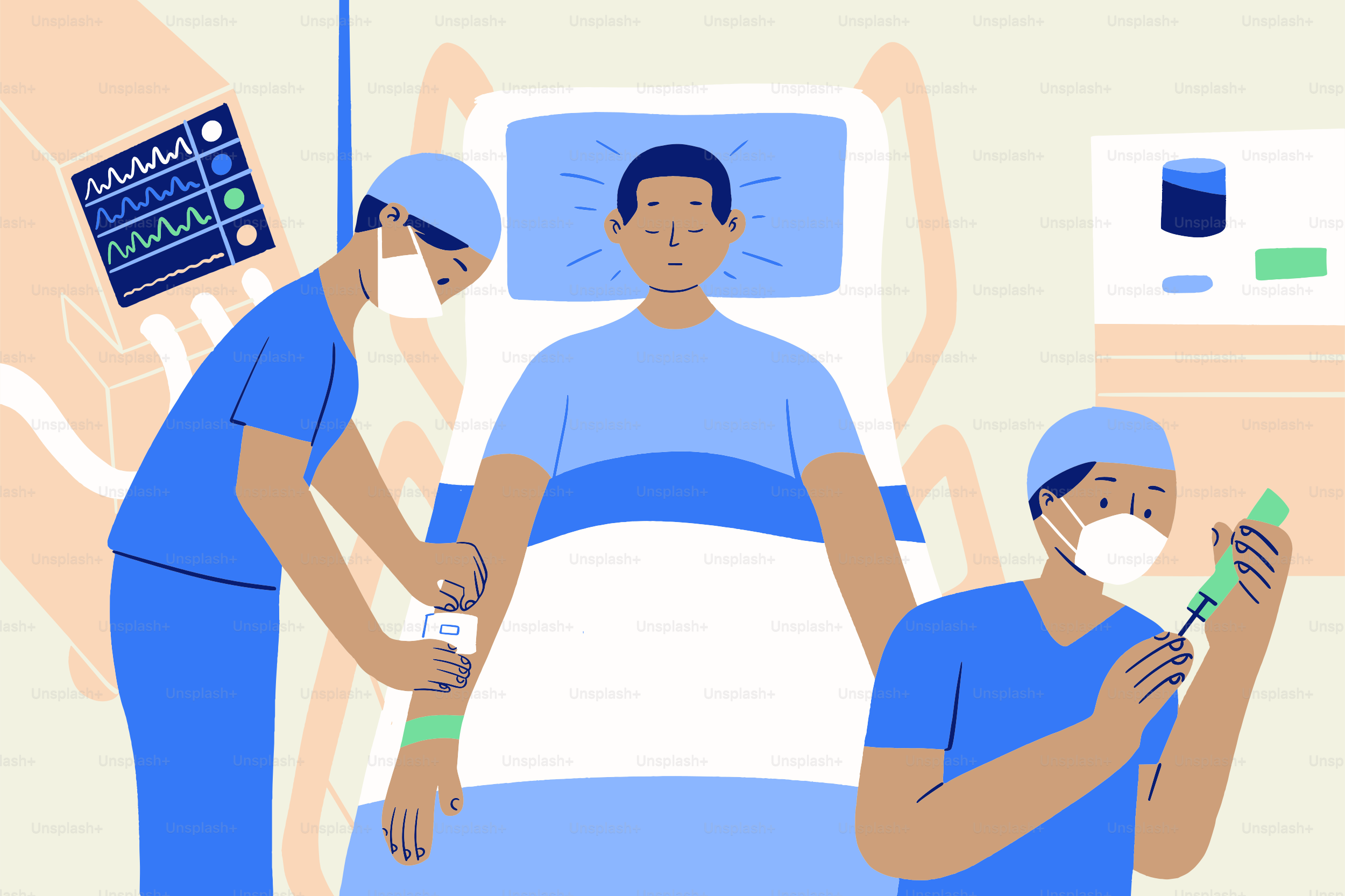 Profissionais de saúde cuidando de um paciente em uma cama de hospital.