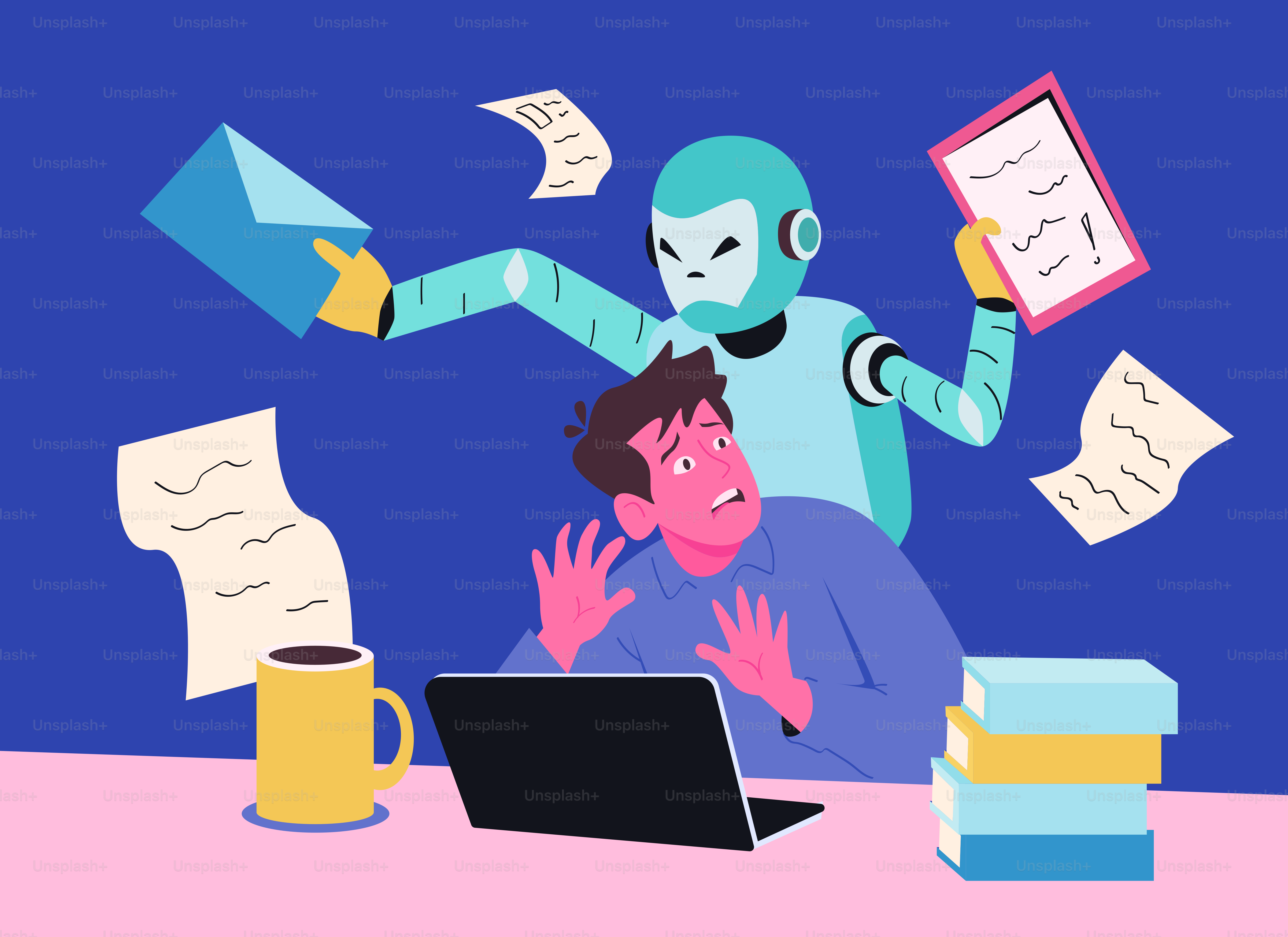 Un robot sovraccarica una persona spaventata che lavora a una scrivania.