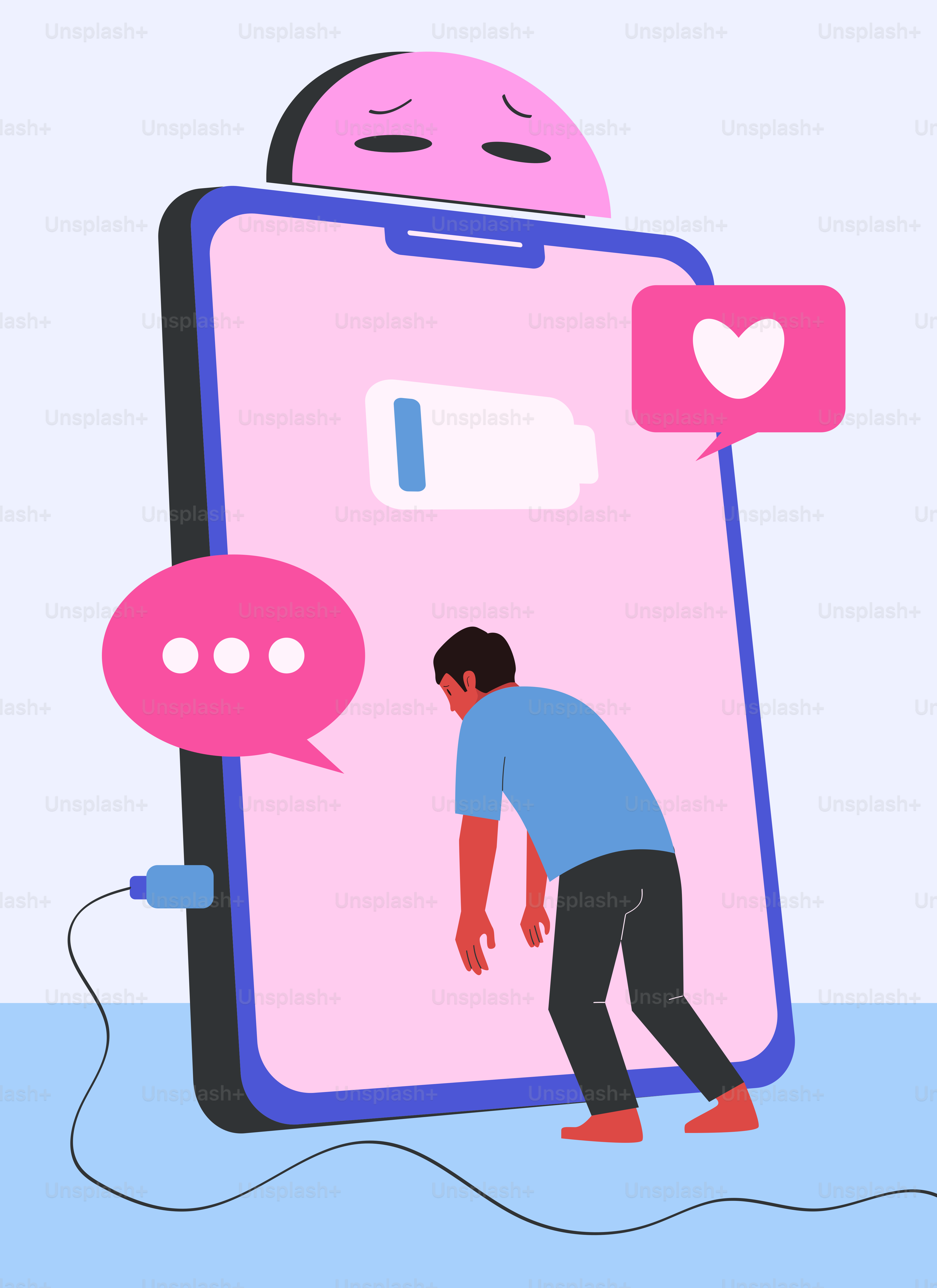 Persona stanca appoggiata a uno smartphone con la batteria scarica.
