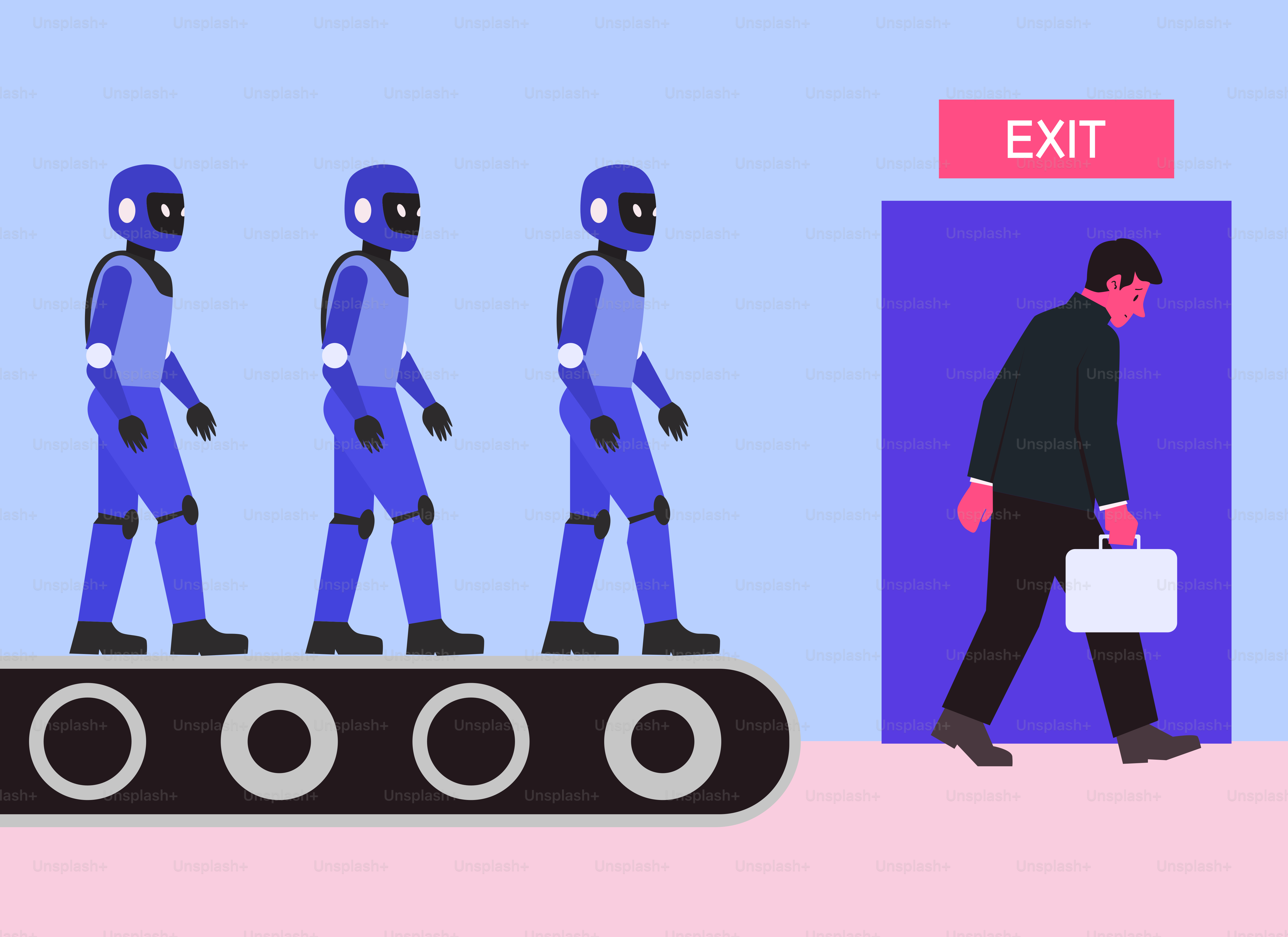 Robot che sostituiscono un uomo che esce dalla porta d'uscita.