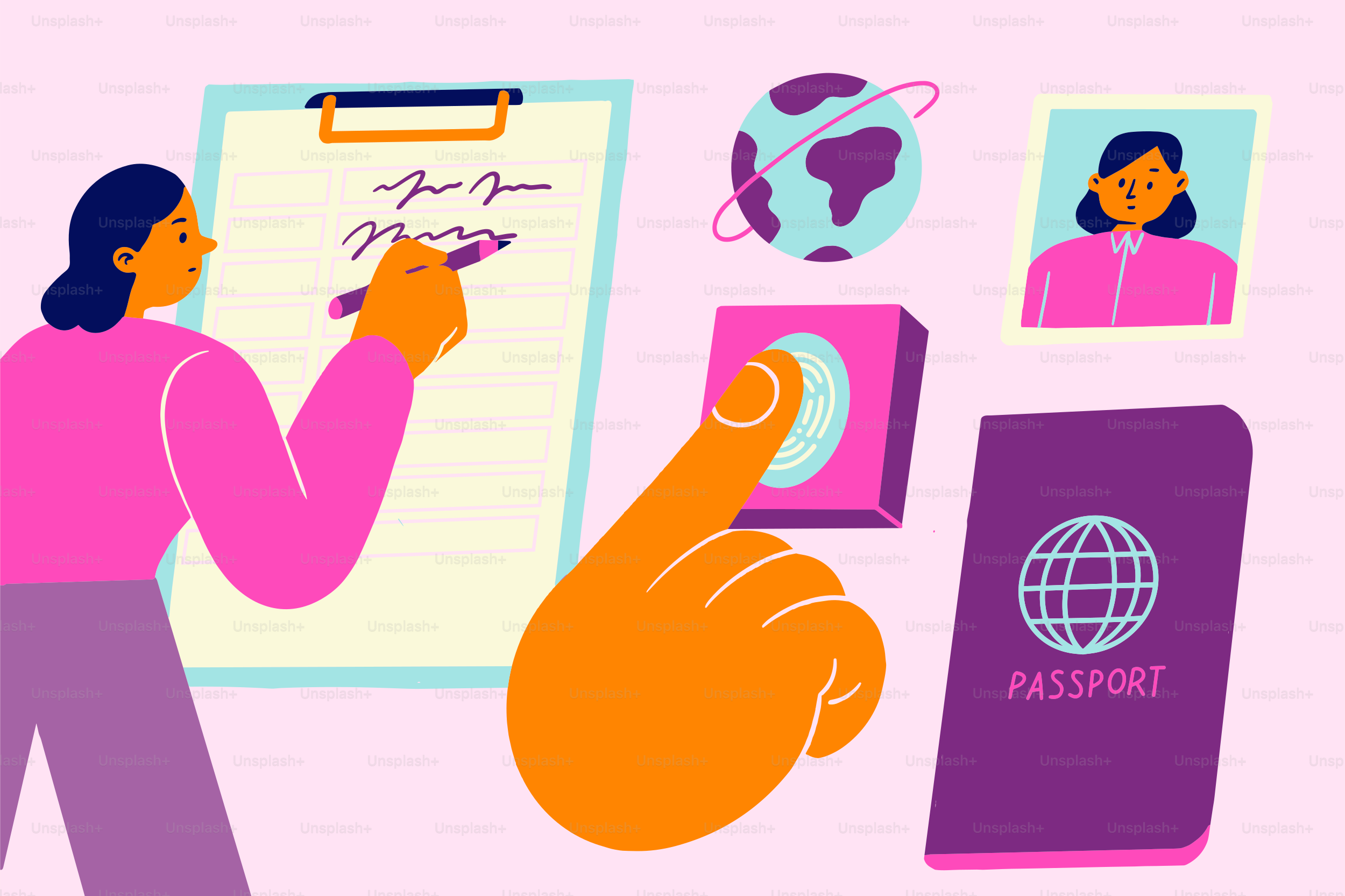 Mulher escrevendo na prancheta perto de passaporte, globo e leitor de impressões digitais.